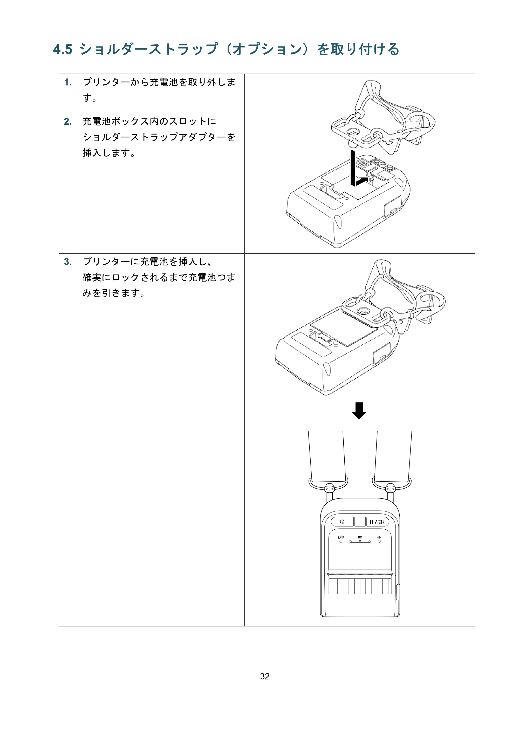 ブラザー RJ-3035B / RJ-2035B ユーザーズガイド — 4.5 ショルダーストラップ(オプション)を取り付ける — 原本ページ — 36ページ