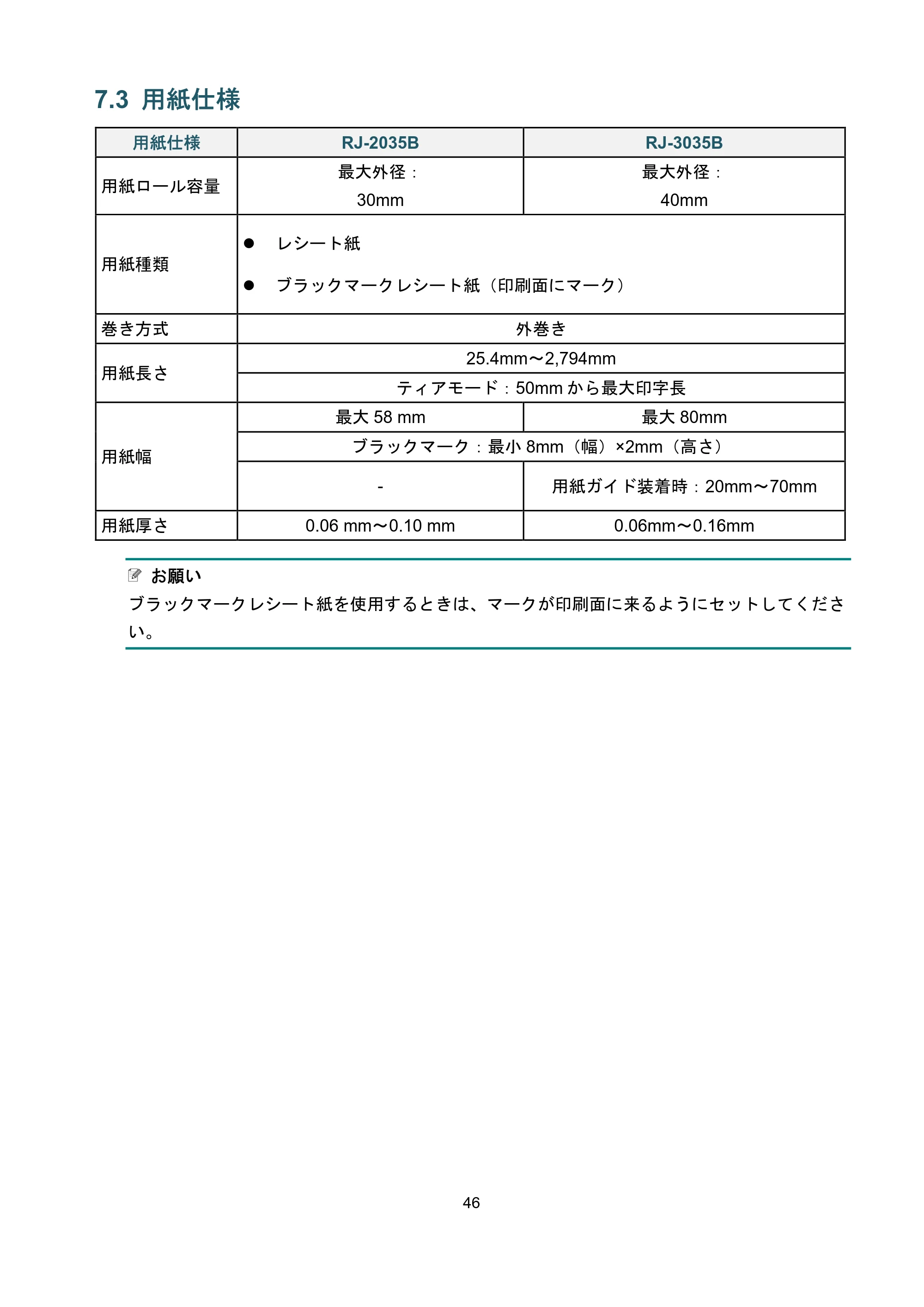 ブラザー RJ-3035B / RJ-2035B ユーザーズガイド — 7.3 用紙仕様 — 原本ページ — 50ページ