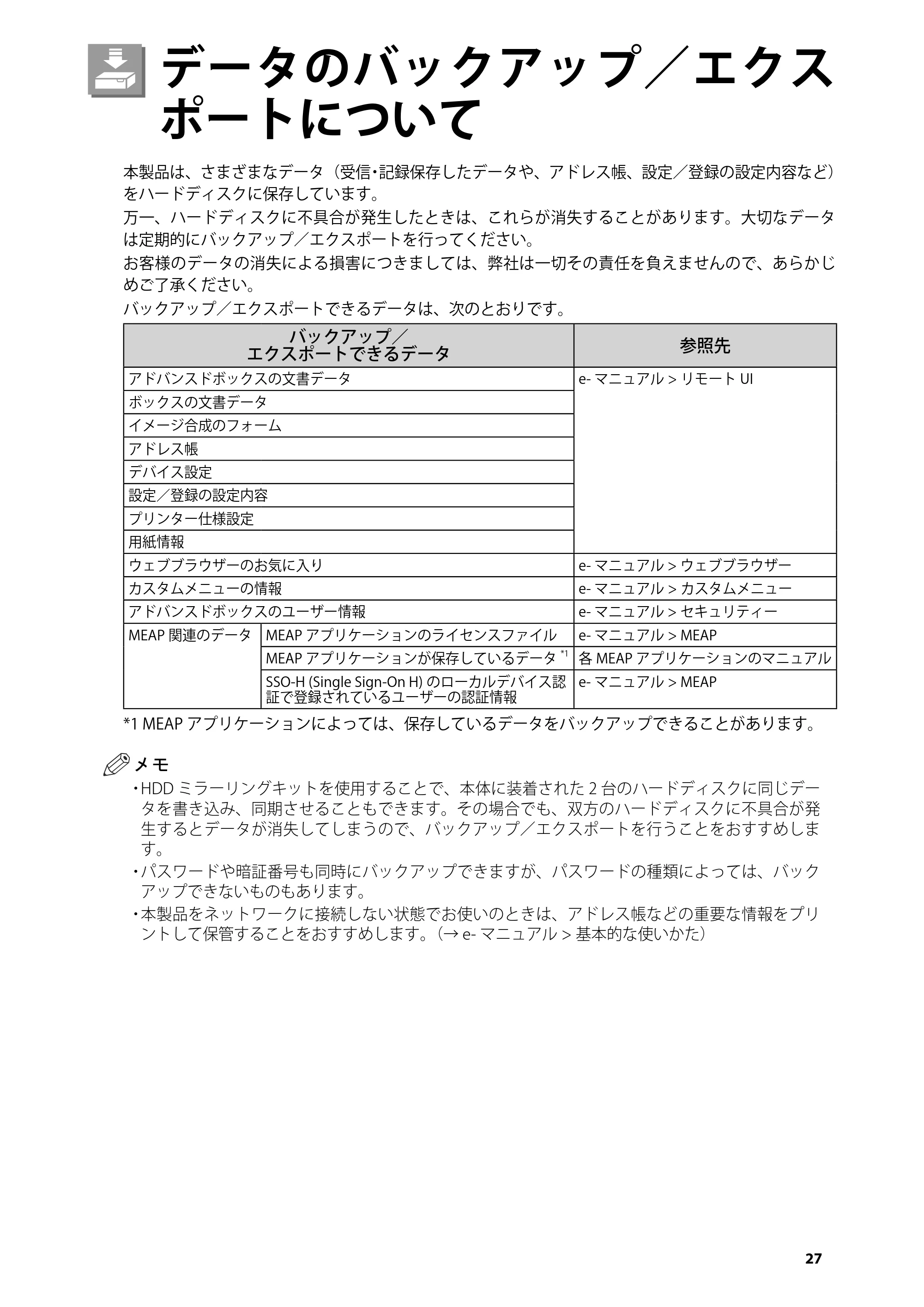 キヤノン imageRUNNER ADVANCE 4045F/4045F-R/4045/4035F/4035/4025F/4025F-R/4025 はじめにお読みください 2012年5月17日更新（PDF：2.45MB） — データのバックアップ／エクスポートについて — 原本ページ — 29ページ