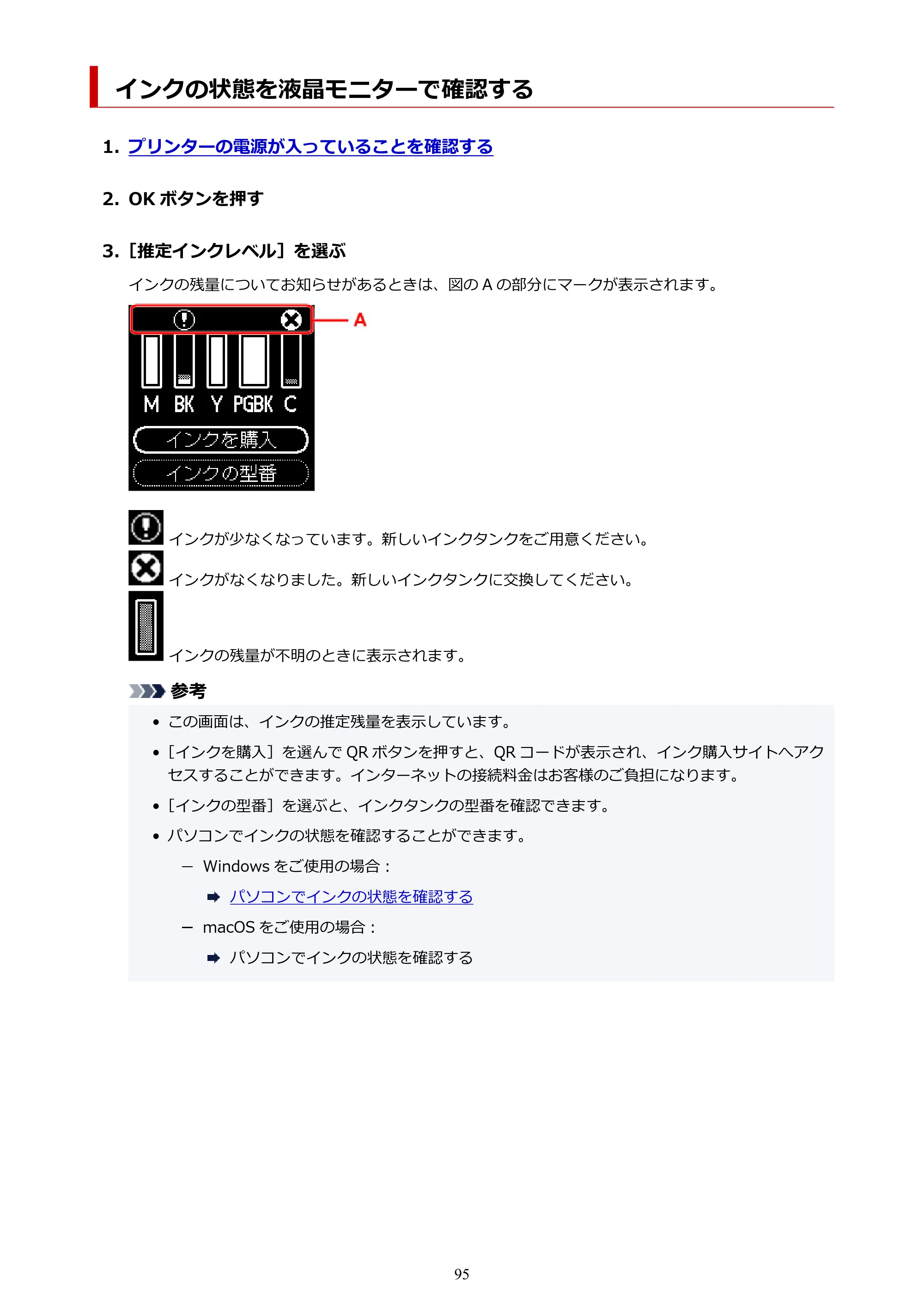 キヤノン PIXUS TS7430 オンラインマニュアル PDF版（Windows版） — インクの状態を液晶モニターで確認する — 原本ページ — 95ページ