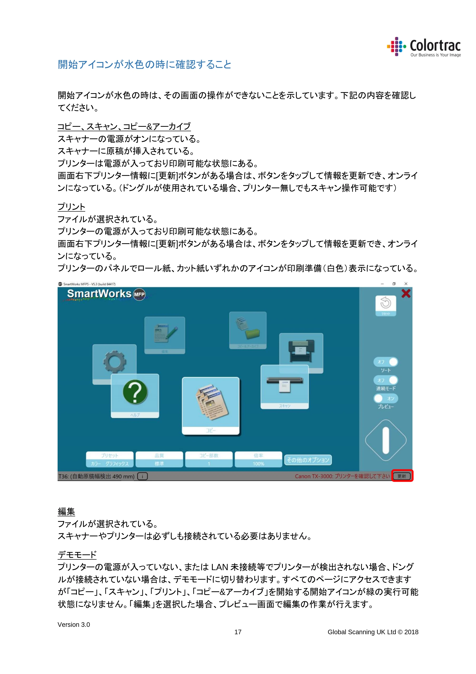 キヤノン TX-2000/TX-3000/TX-4000/TX-2000 MFP/TX-3000 MFP/TX-4000 MFP SmartWorks MFP5(ver.5.4用)取扱説明書 2020年10月29日掲載 (PDF形式/10.05Mバイト) — 開始アイコンが水色の時に確認すること — 原本ページ — 17ページ