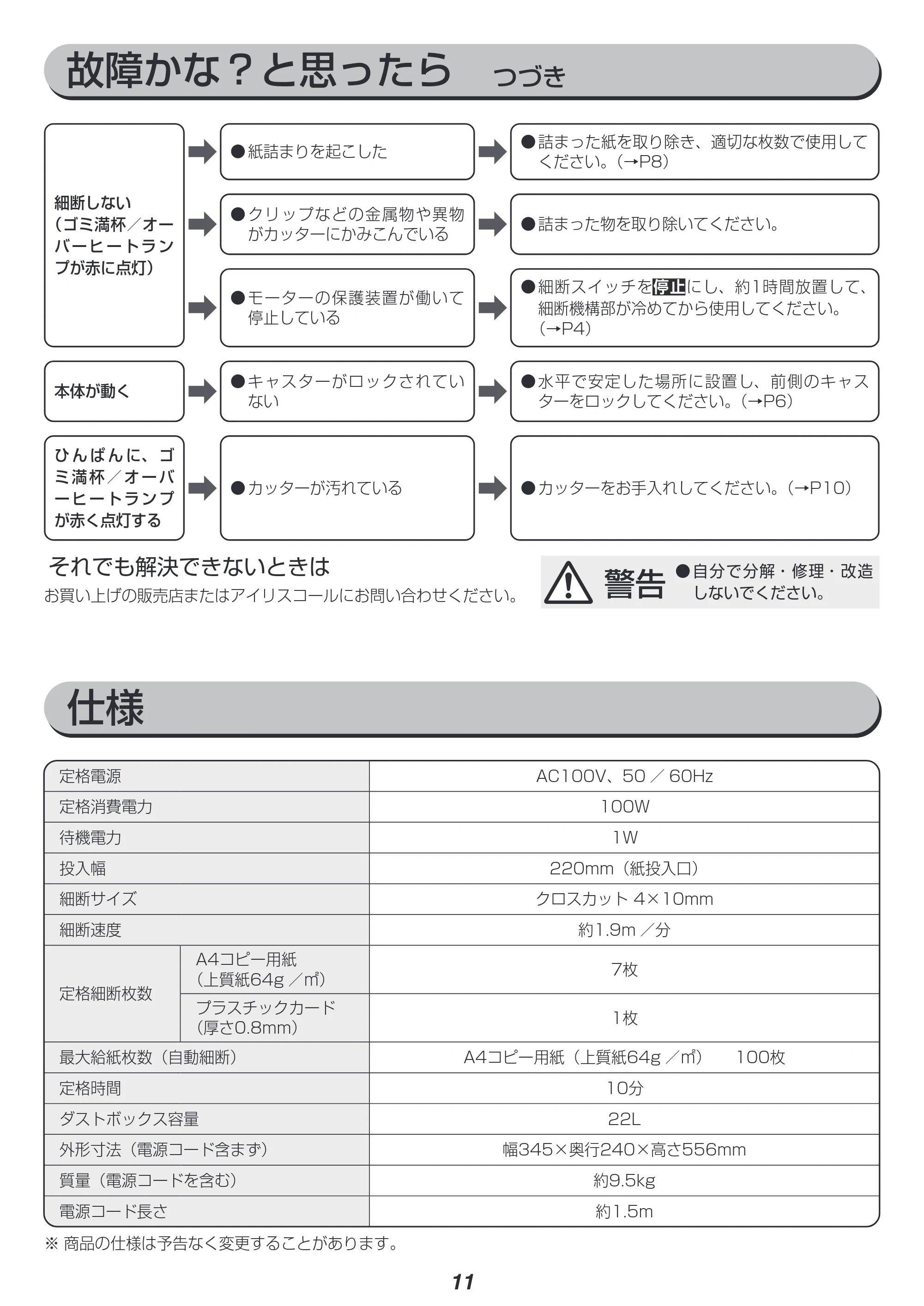 アイリスオーヤマ AFS100C 取扱説明書 — 故障かな?と思ったら つづき — 原本ページ — 11ページ