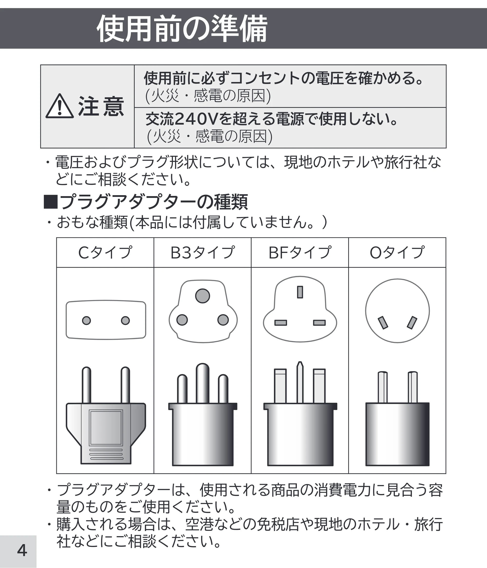 日立 RM-W248 取扱説明書 — 使用前の準備 — 原本ページ — 4ページ
