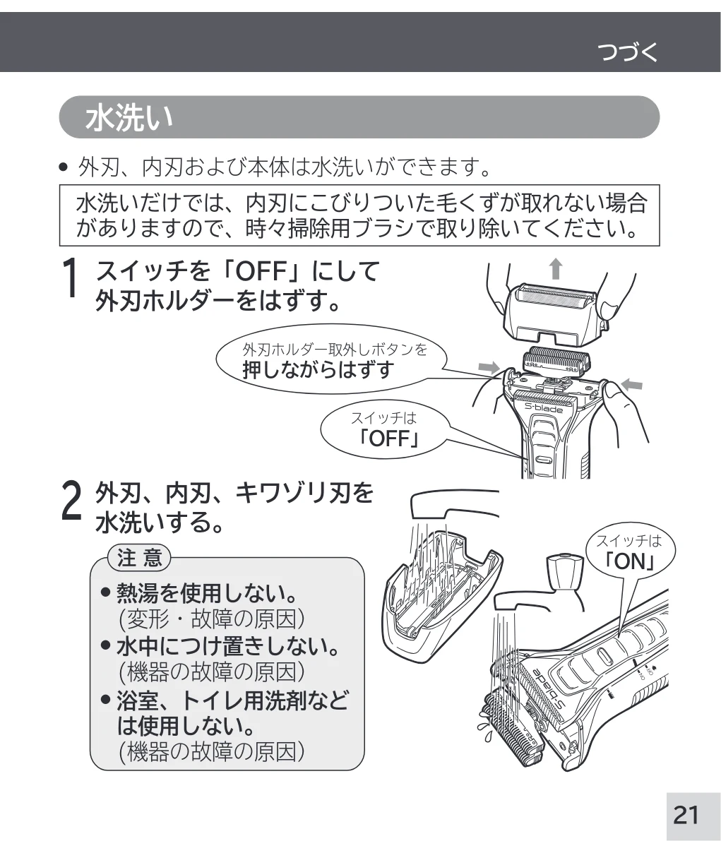 日立 RM-W248 取扱説明書 — 水洗い — 図版 21-1 — 21ページ