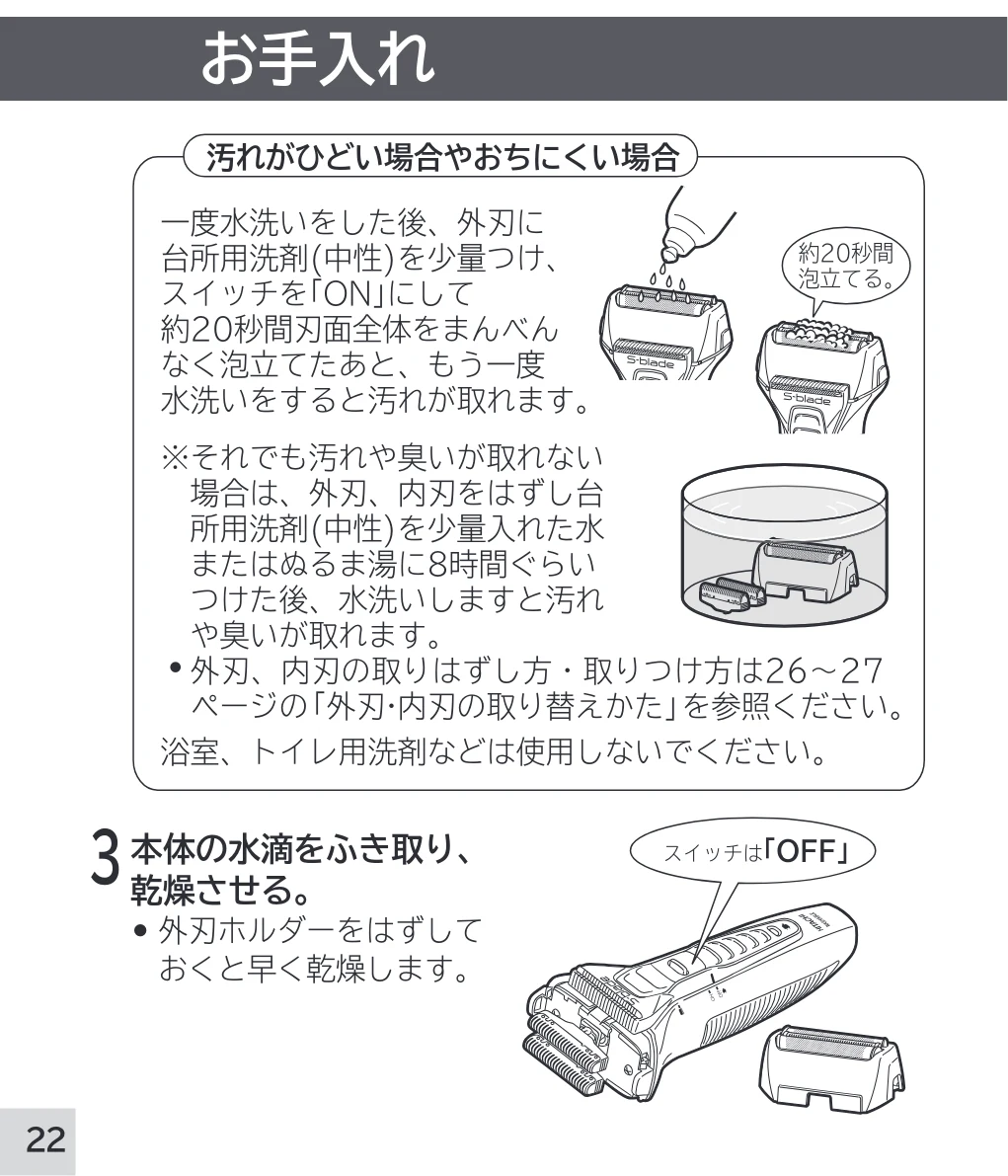 日立 RM-W248 取扱説明書 — お手入れ — 図版 22-1 — 22ページ