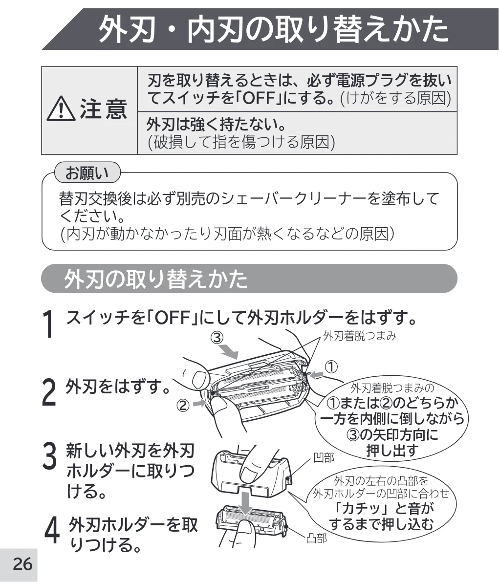 日立 RM-W248 取扱説明書 — 外刃・内刃の取り替えかた — 図版 26-1 — 26ページ