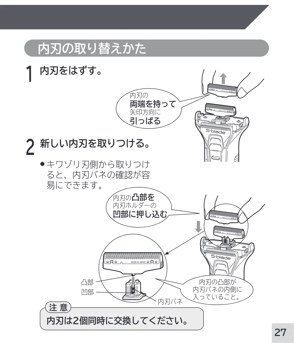 日立 RM-W248 取扱説明書 — 内刃の取り替えかた — 図版 27-1 — 27ページ