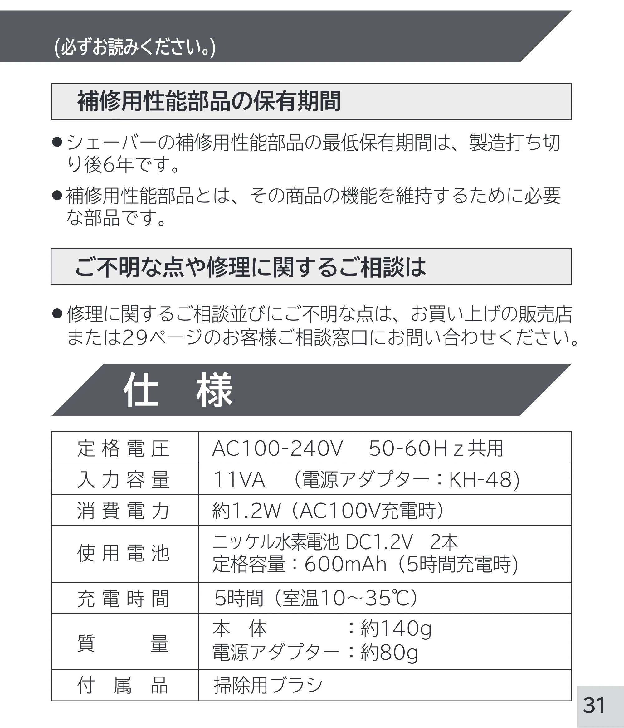 日立 RM-W248 取扱説明書 — 仕様 — 原本ページ — 31ページ