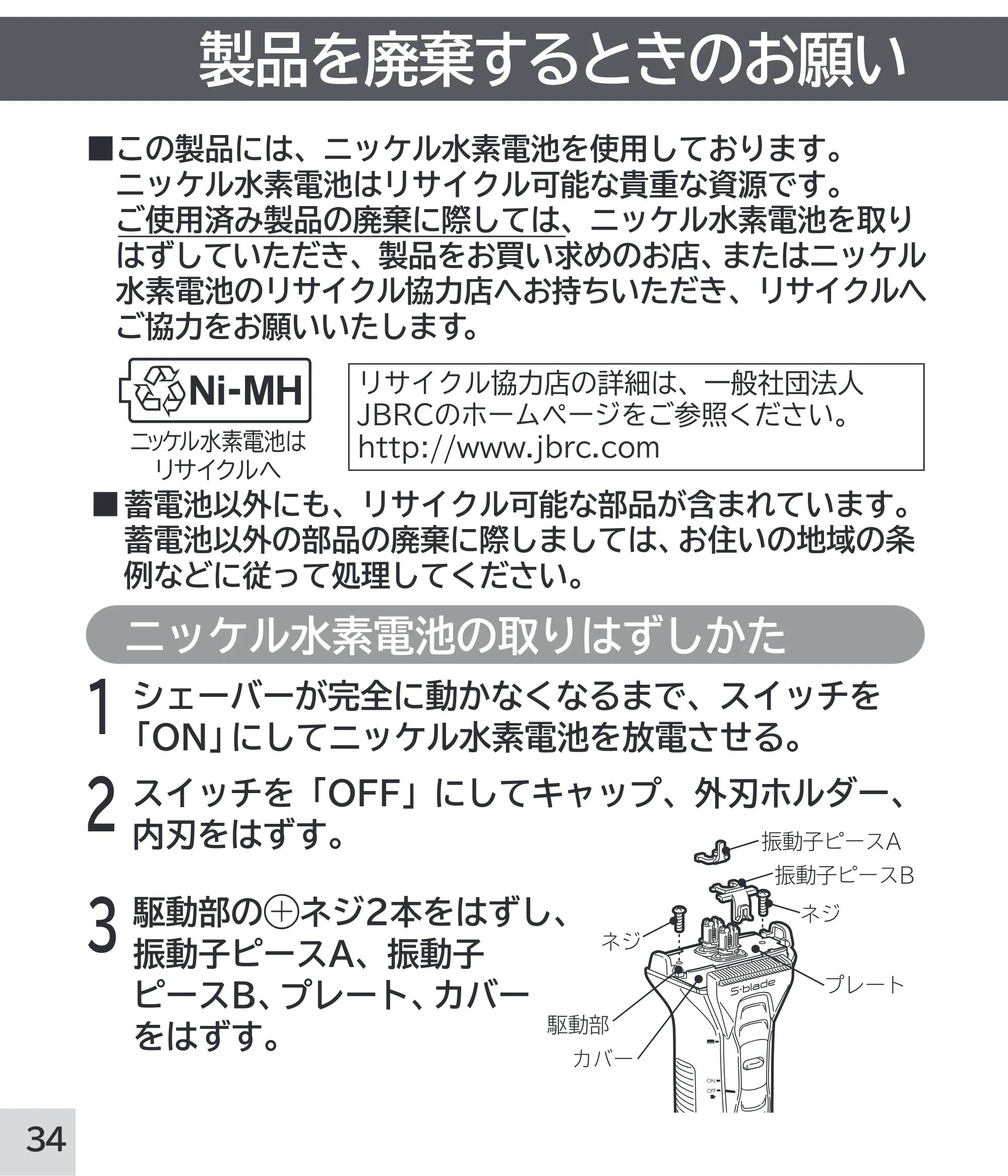 日立 RM-W248 取扱説明書 — ニッケル水素電池の取りはずしかた — 原本ページ — 34ページ