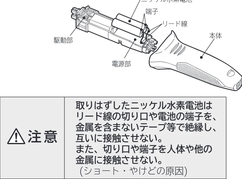 日立 RM-W248 取扱説明書 — 4 本体から駆動部と電源部を 取り出し、ニッケル水素電池 のリード線を端子の近くで 切り、蓄電池を取り出す。 — 図版 35-1 — 35ページ