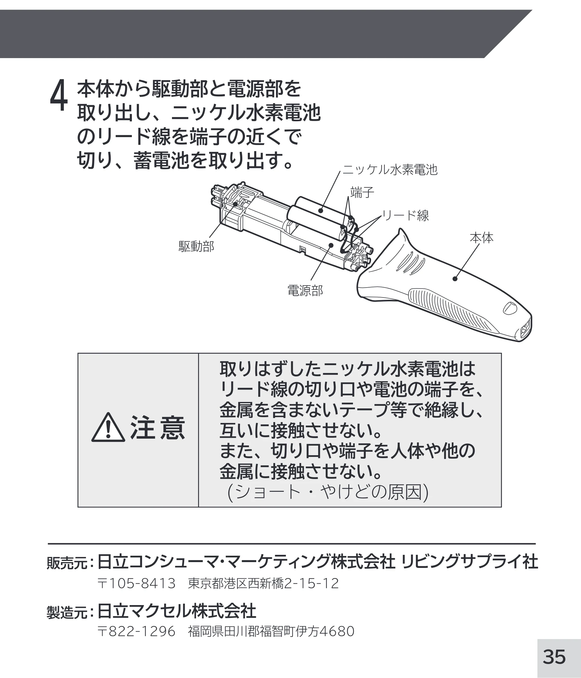 日立 RM-W248 取扱説明書 — 4 本体から駆動部と電源部を 取り出し、ニッケル水素電池 のリード線を端子の近くで 切り、蓄電池を取り出す。 — 原本ページ — 35ページ