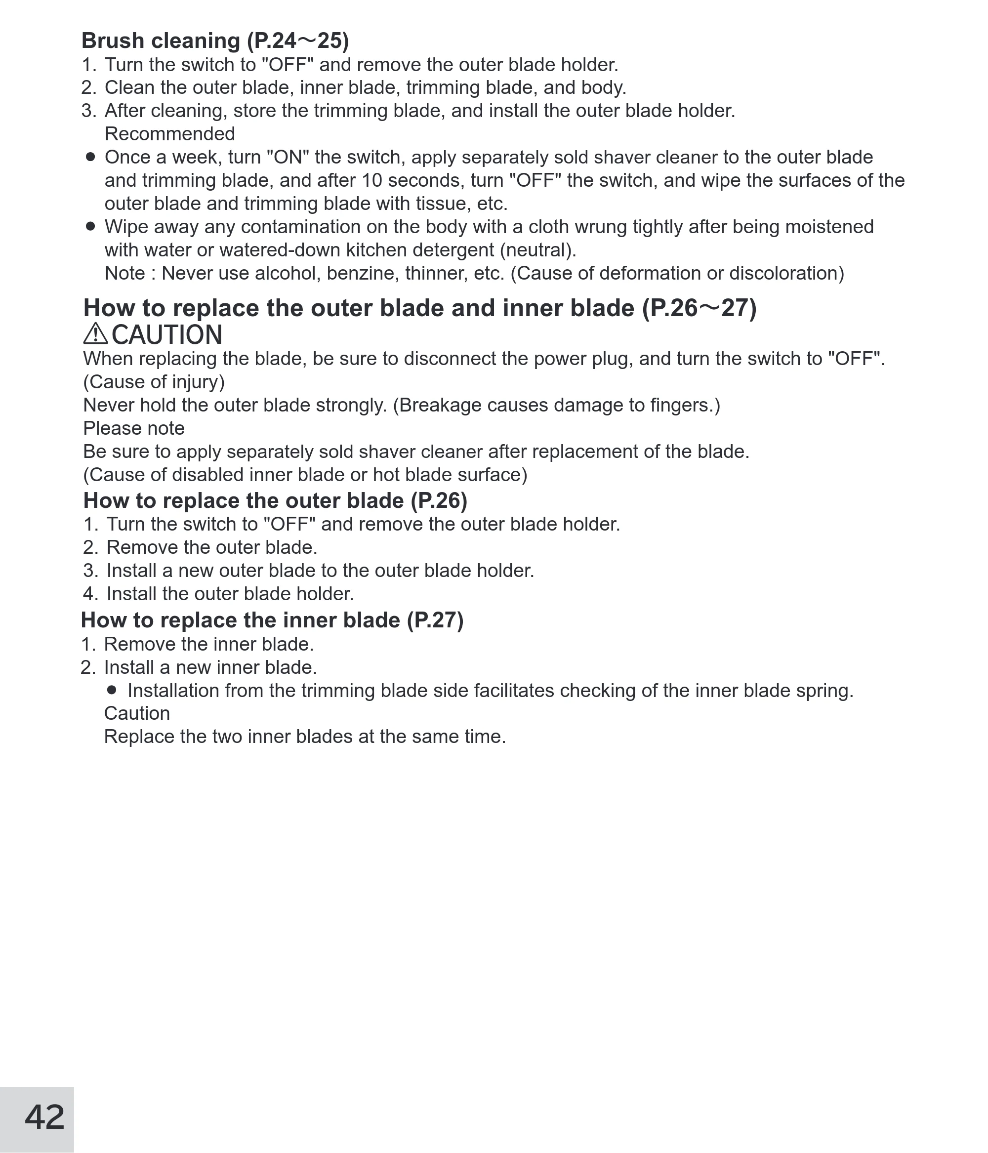 日立 RM-W248 取扱説明書 — How to replace the outer blade and inner blade (P.26~27) — 原本ページ — 42ページ
