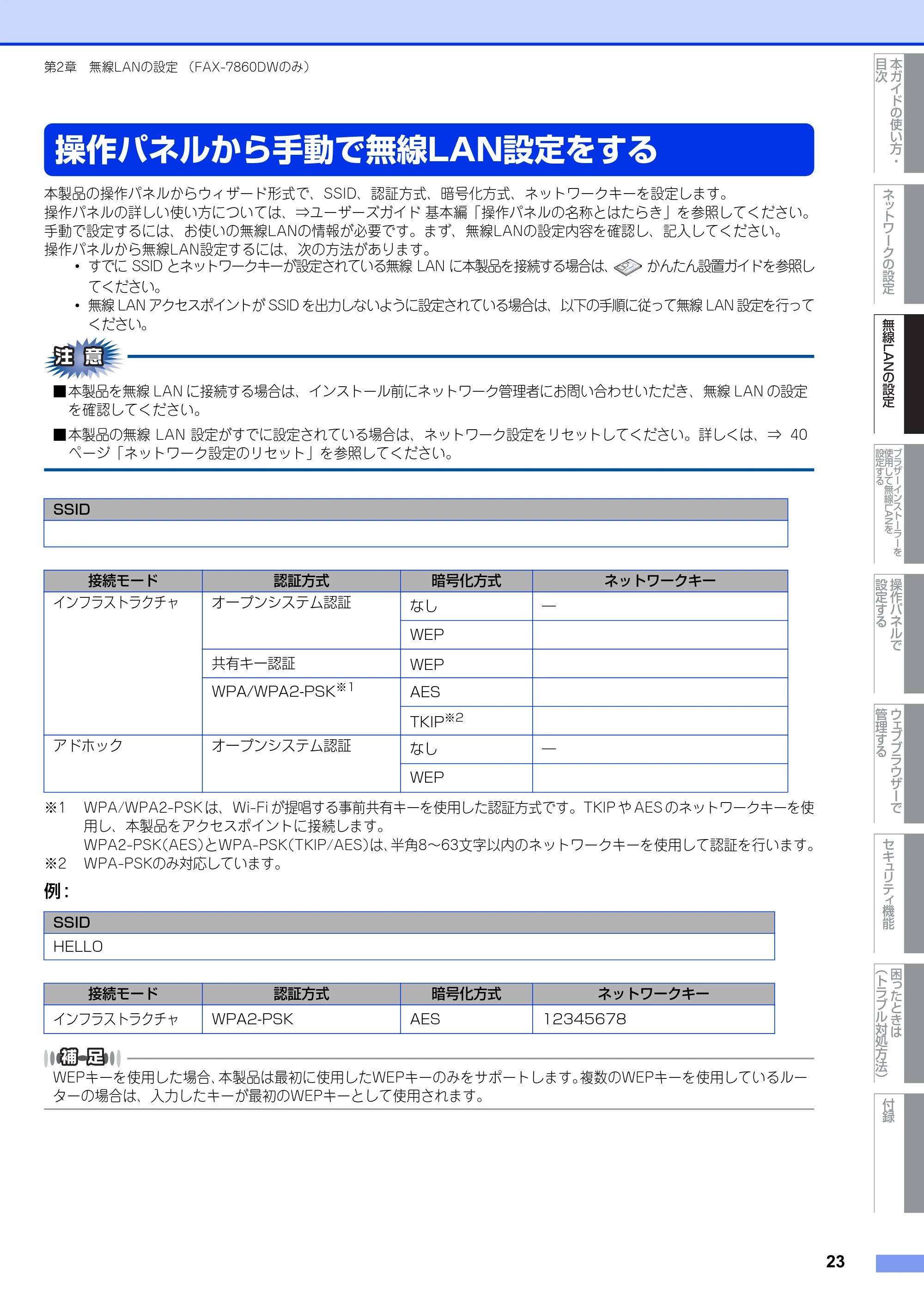 ブラザー DCP-7065DN / MFC-7460DN ユーザーズガイド ～ネットワーク操作編～ — 操作パネルから手動で無線LAN設定をする — 原本ページ — 24ページ