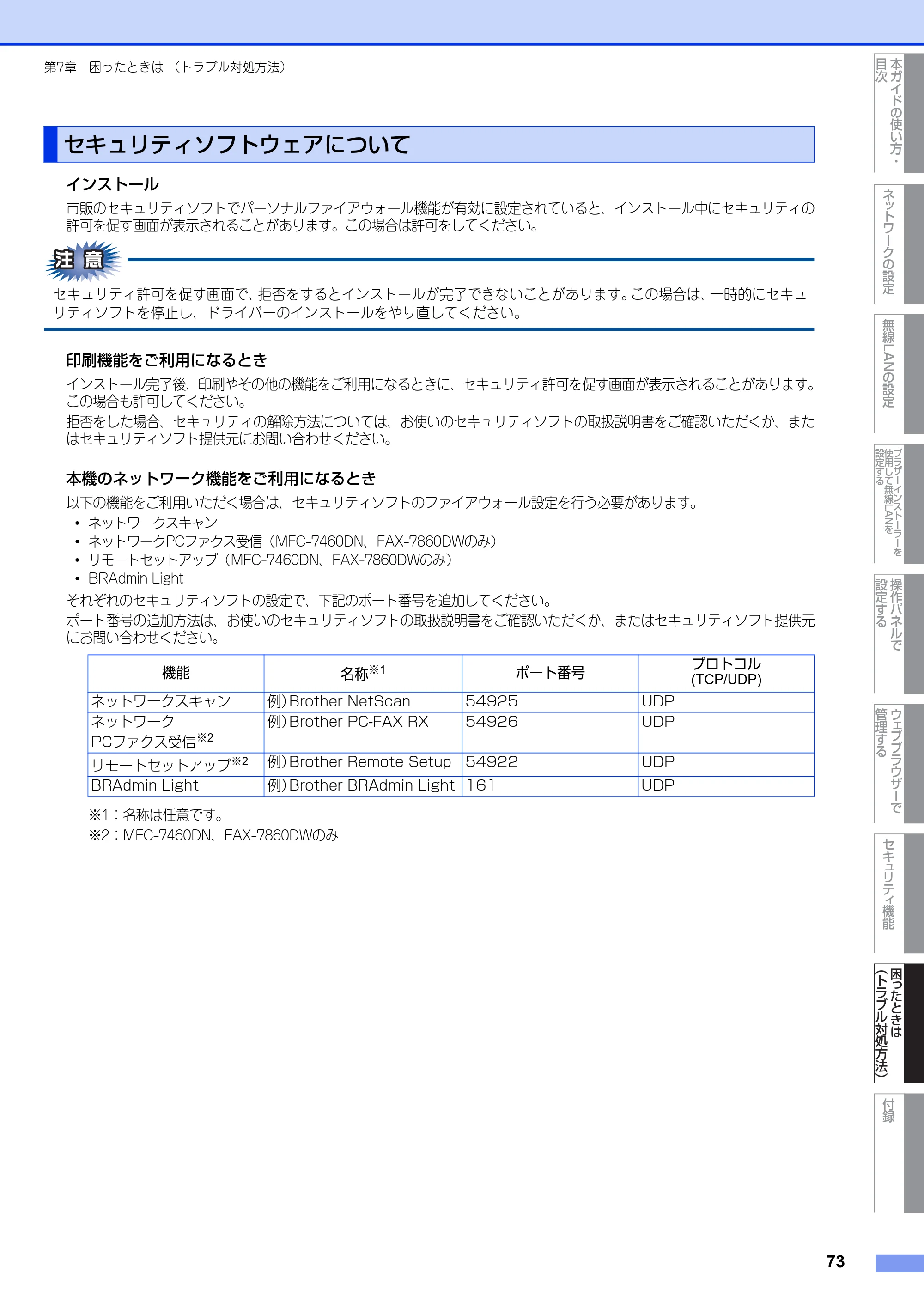 ブラザー DCP-7065DN / MFC-7460DN ユーザーズガイド ～ネットワーク操作編～ — セキュリティソフトウェアについて — 原本ページ — 74ページ