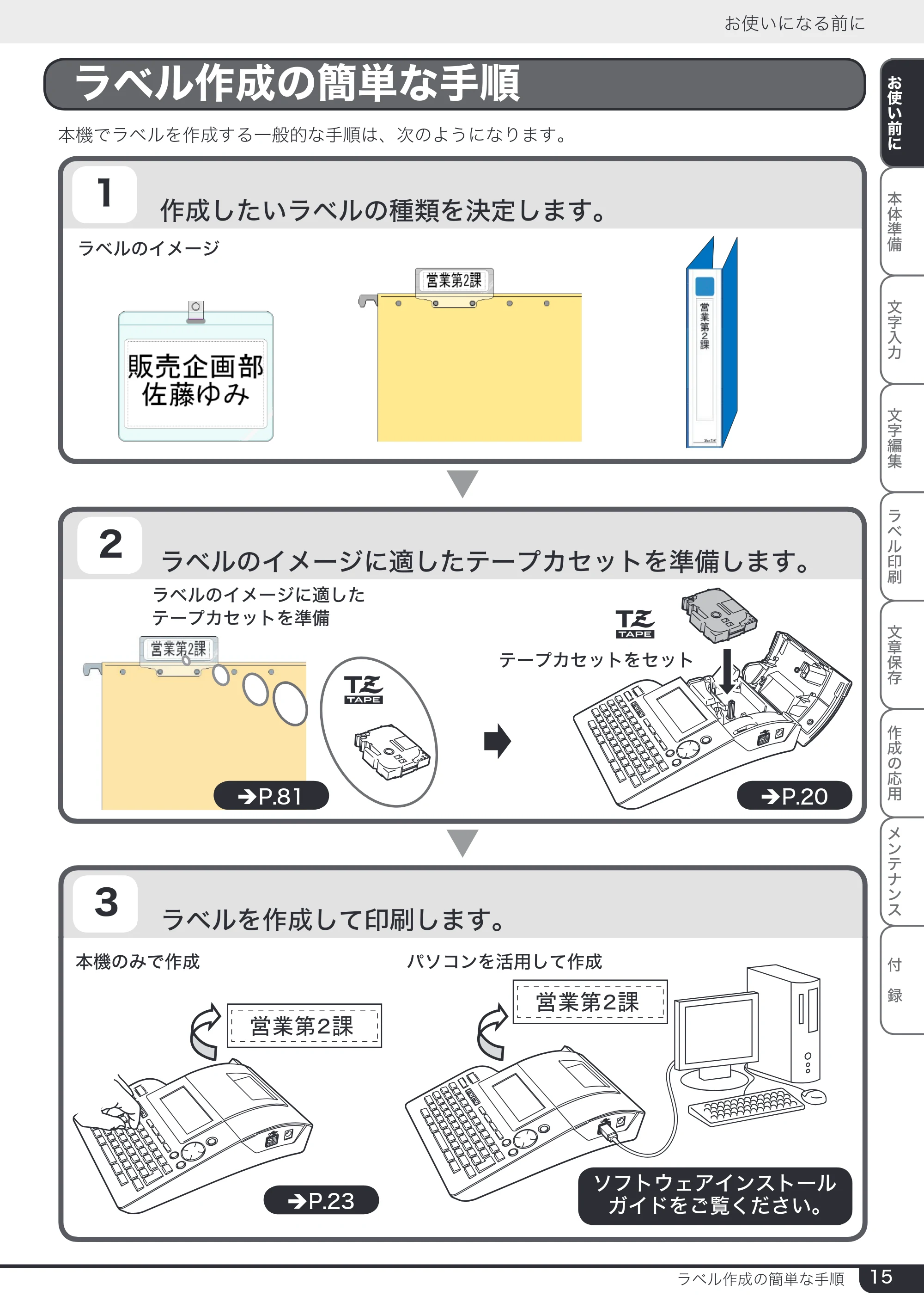 ブラザー PT-24 取扱説明書 (ユーザーズガイド) — ラベル作成の簡単な手順 — 原本ページ — 15ページ
