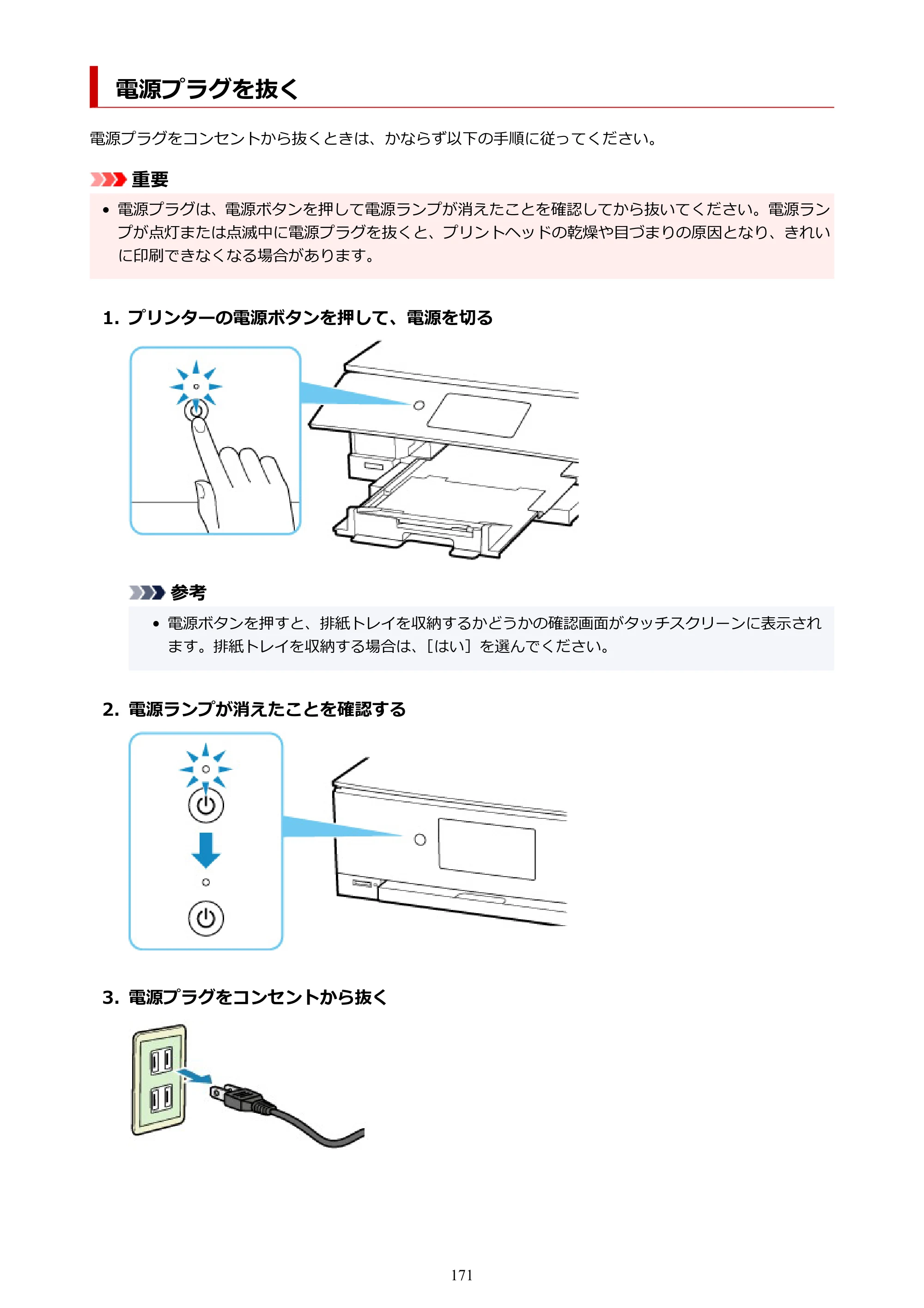 キヤノン PIXUS TS8430 オンラインマニュアル PDF版（Windows版） — 電源プラグを抜く — 原本ページ — 171ページ