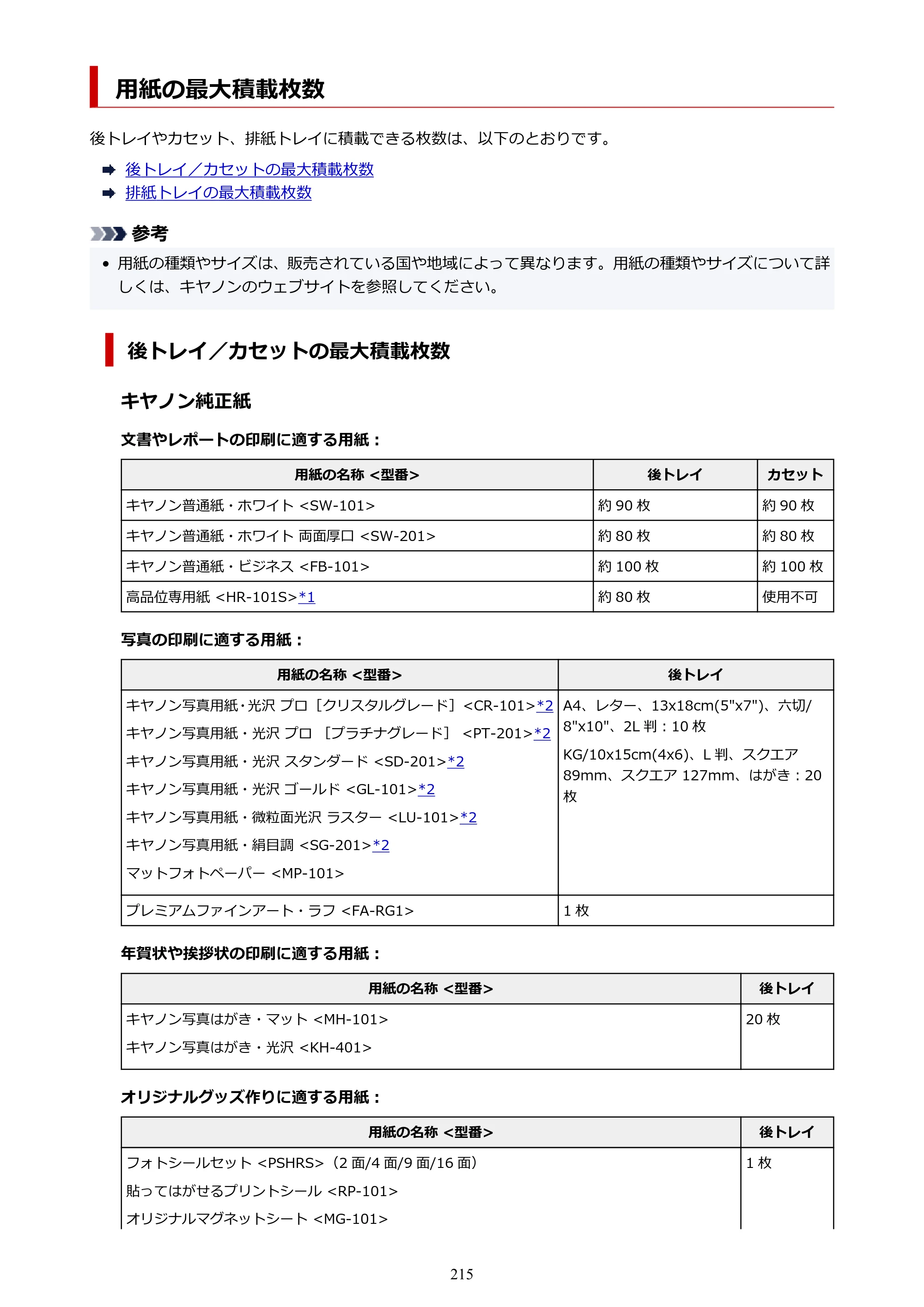 キヤノン PIXUS TS8430 オンラインマニュアル PDF版（Windows版） — 用紙の最大積載枚数 — 原本ページ — 215ページ