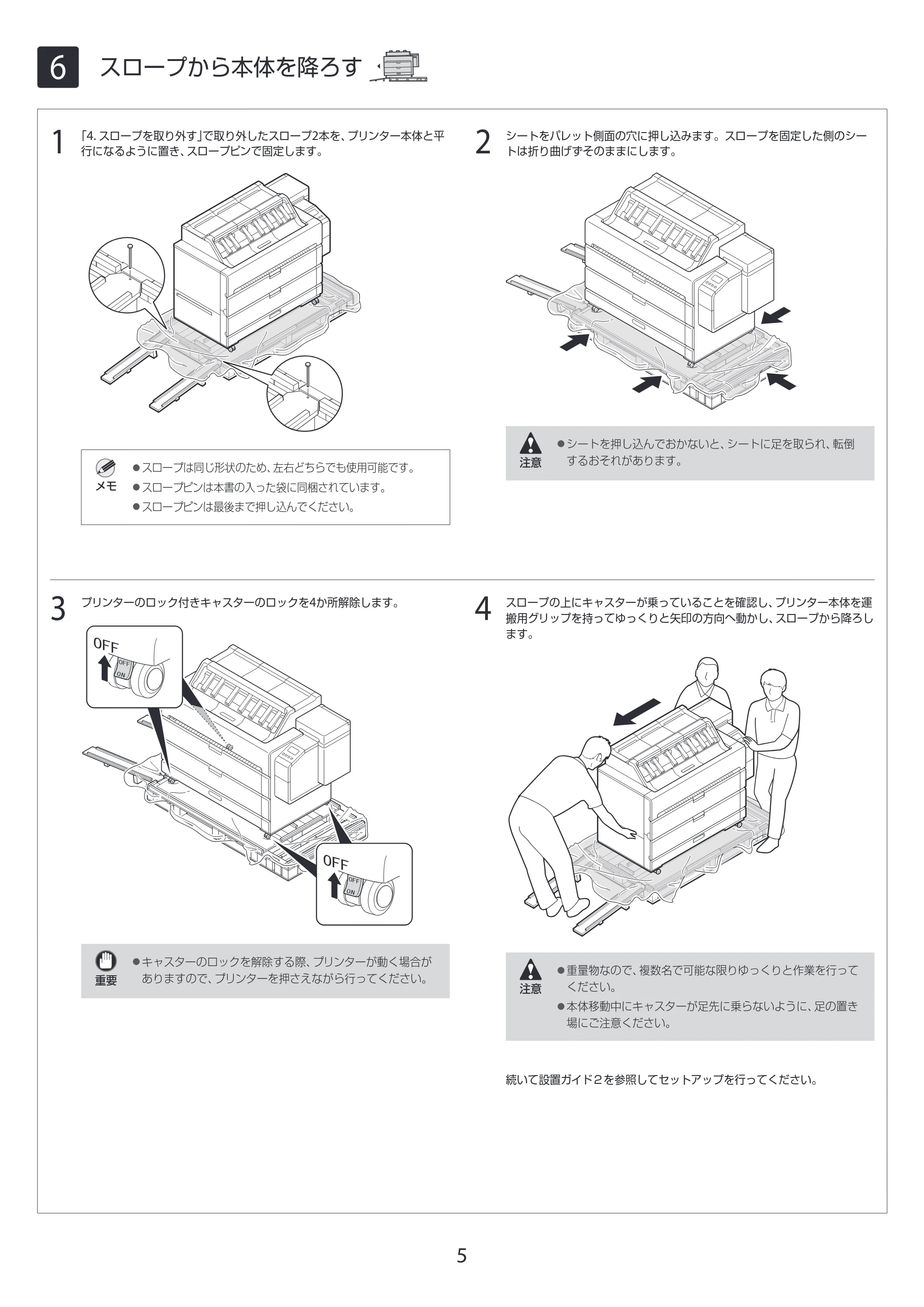 キヤノン TZ-32000 TZ-32000 設置ガイド １ 2024年10月2日掲載（PDF：1.28MB） — 6 スロープから本体を降ろす — 原本ページ — 5ページ