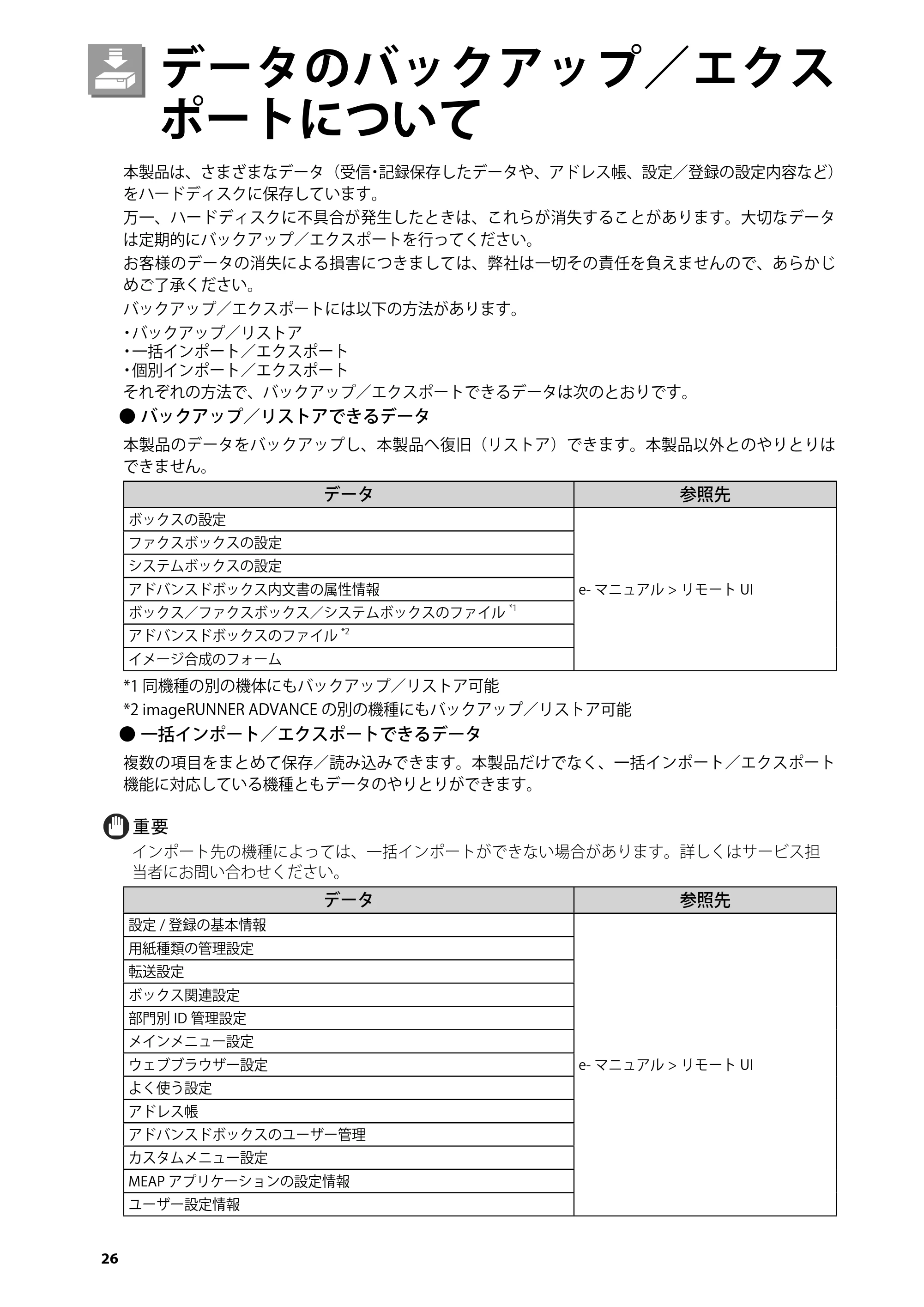 キヤノン imageRUNNER ADVANCE 4245F/4245F-R/4245/4235F/4235/4225F/4225 はじめにお読みください 2014年2月7日更新（PDF：3.77MB） — データのバックアップ／エクスポートについて — 原本ページ — 28ページ