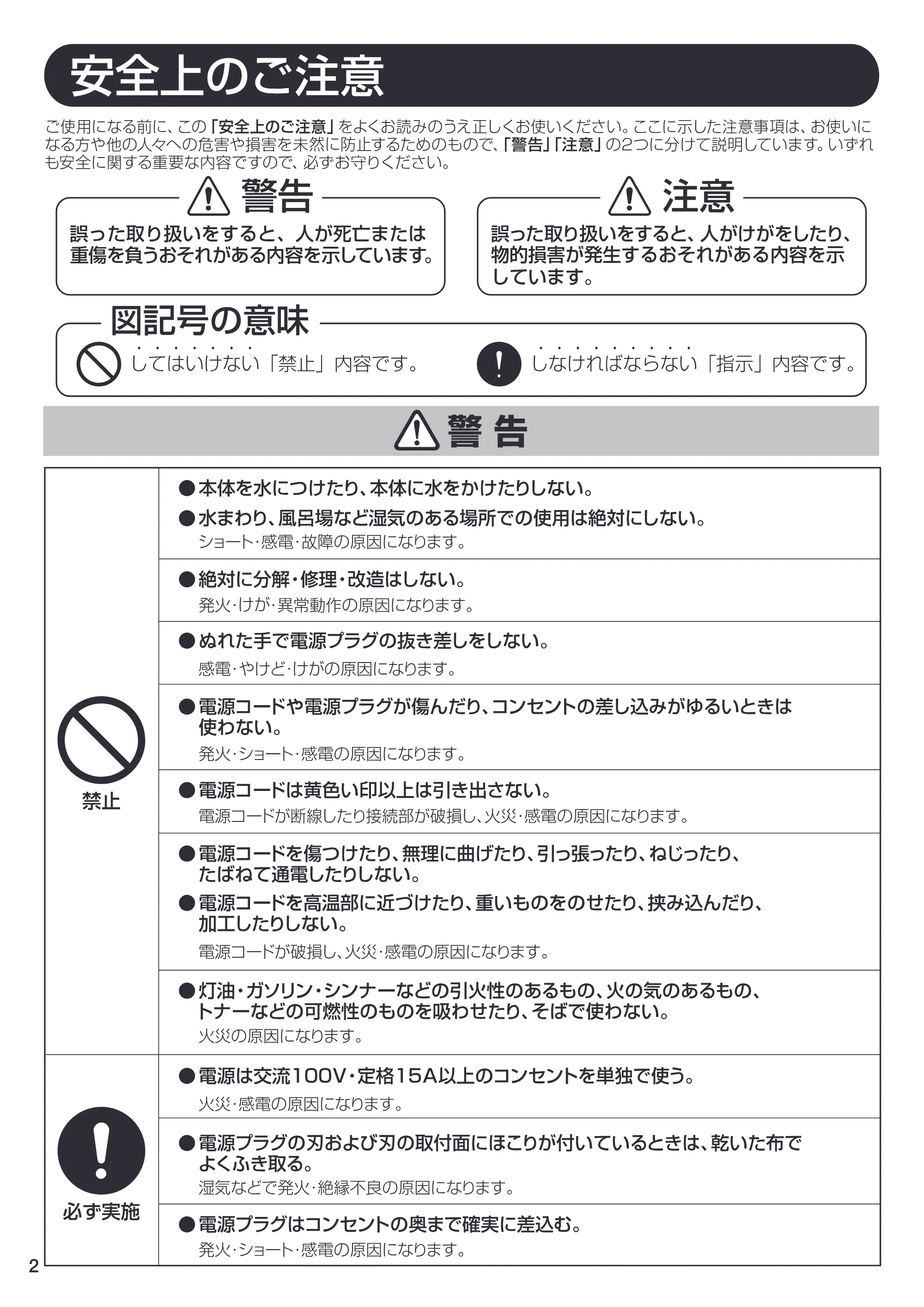 アイリスオーヤマ IC-C100TKE 取扱説明書 — 安全上 =, 2 = — 原本ページ — 2ページ