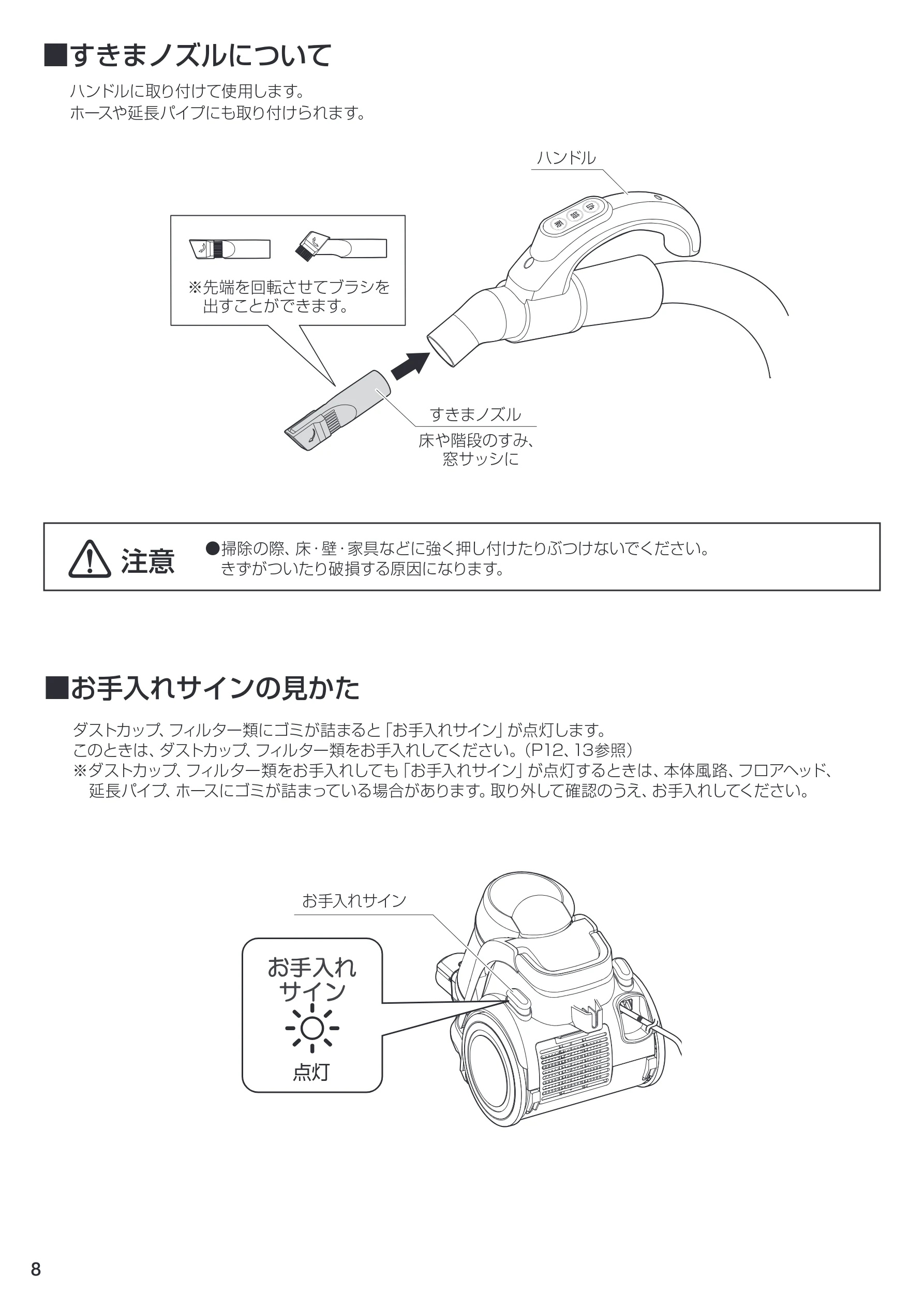 アイリスオーヤマ IC-C100TKE 取扱説明書 — ■すきまノズルについて — 図版 8-1 — 8ページ