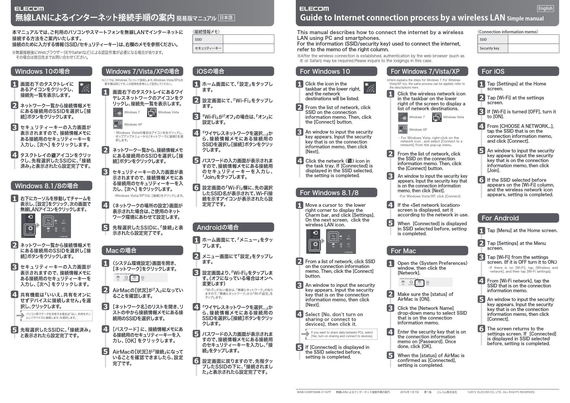 エレコム WAB-S300P 2.インターネット接続手順(多言語版) — 無線LANによるインターネット接続手順の案内 簡易版マニュアル 日本語 — 原本ページ — 1ページ
