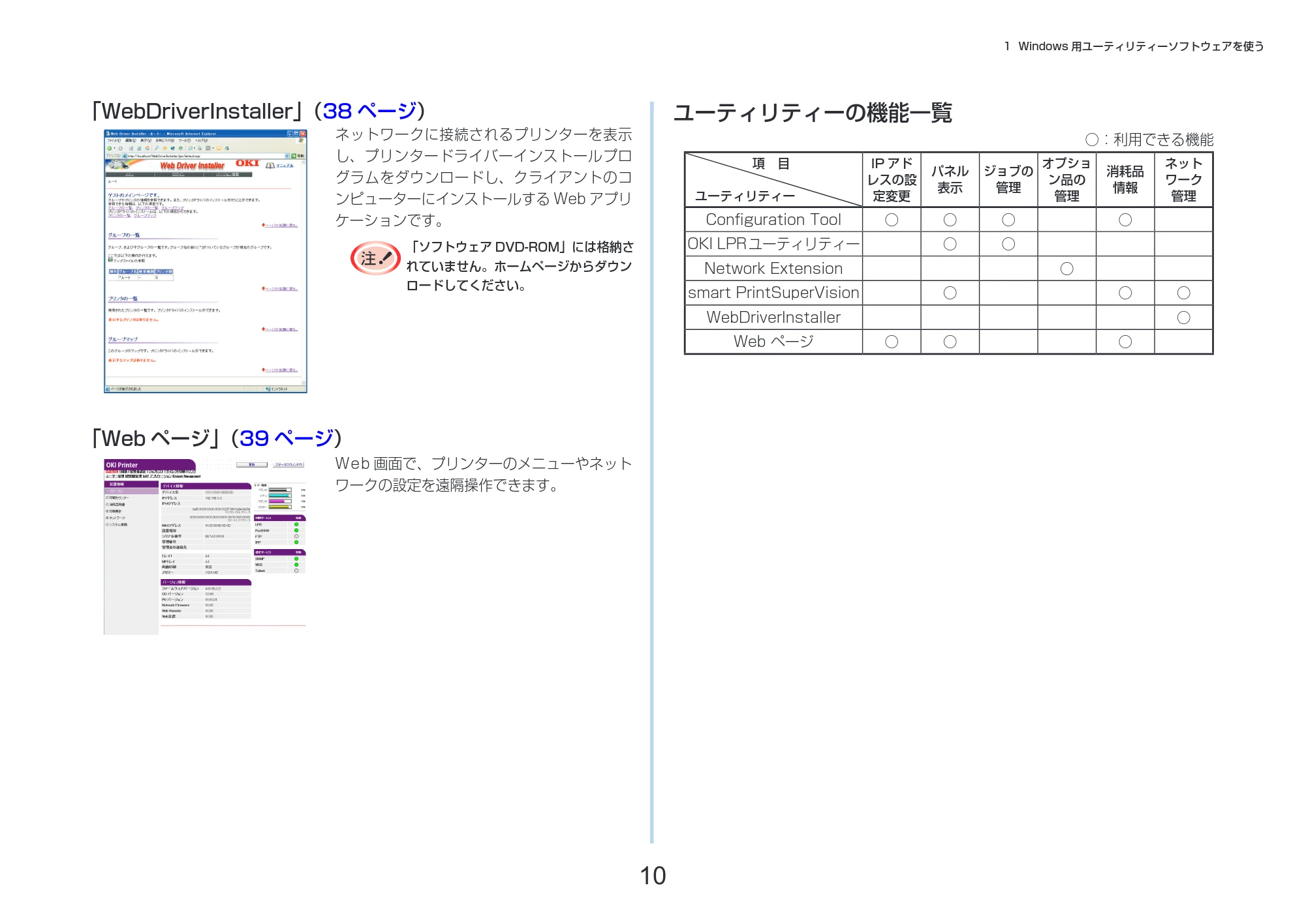 沖電気 C332dnw 活用マニュアル 言語 : 日本語 ac1 (サイズ: 14.5 MB) — ユーティリティーの機能一覧 — 原本ページ — 10ページ