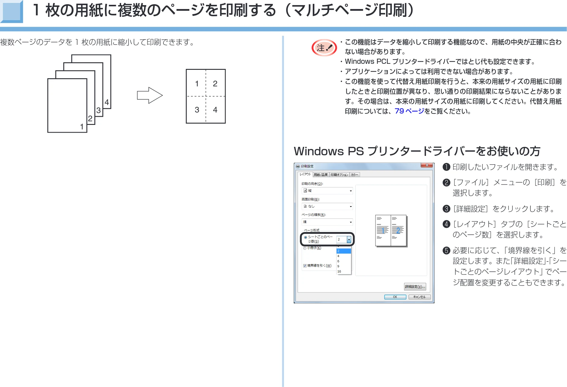 沖電気 C332dnw 活用マニュアル 言語 : 日本語 ac1 (サイズ: 14.5 MB) — 1枚の用紙に複数のページを印刷する(マルチページ印刷) — 図版 81-1 — 81ページ