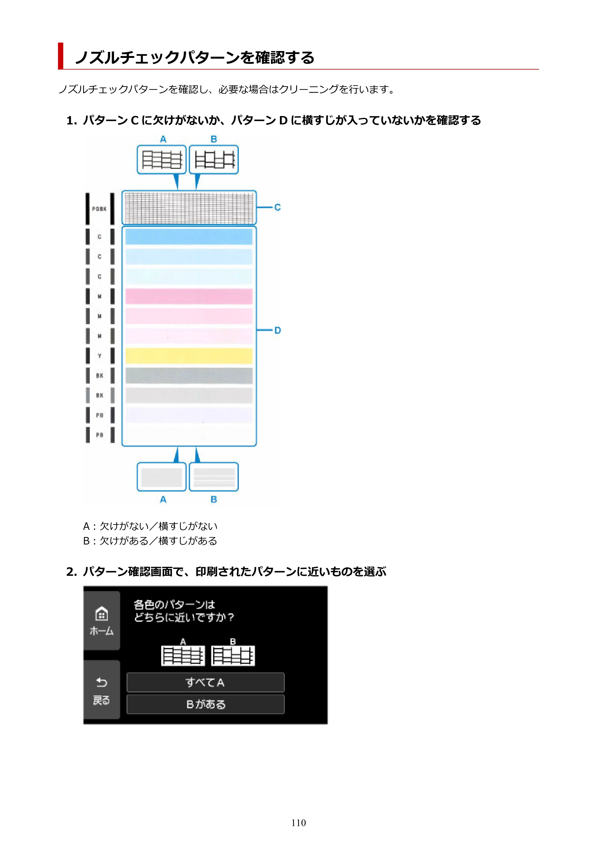 キヤノン PIXUS XK510 オンラインマニュアル PDF版 2025年10月22日掲載（PDF：5.9MB） — ノズルチェックパターンを確認する — 原本ページ — 110ページ