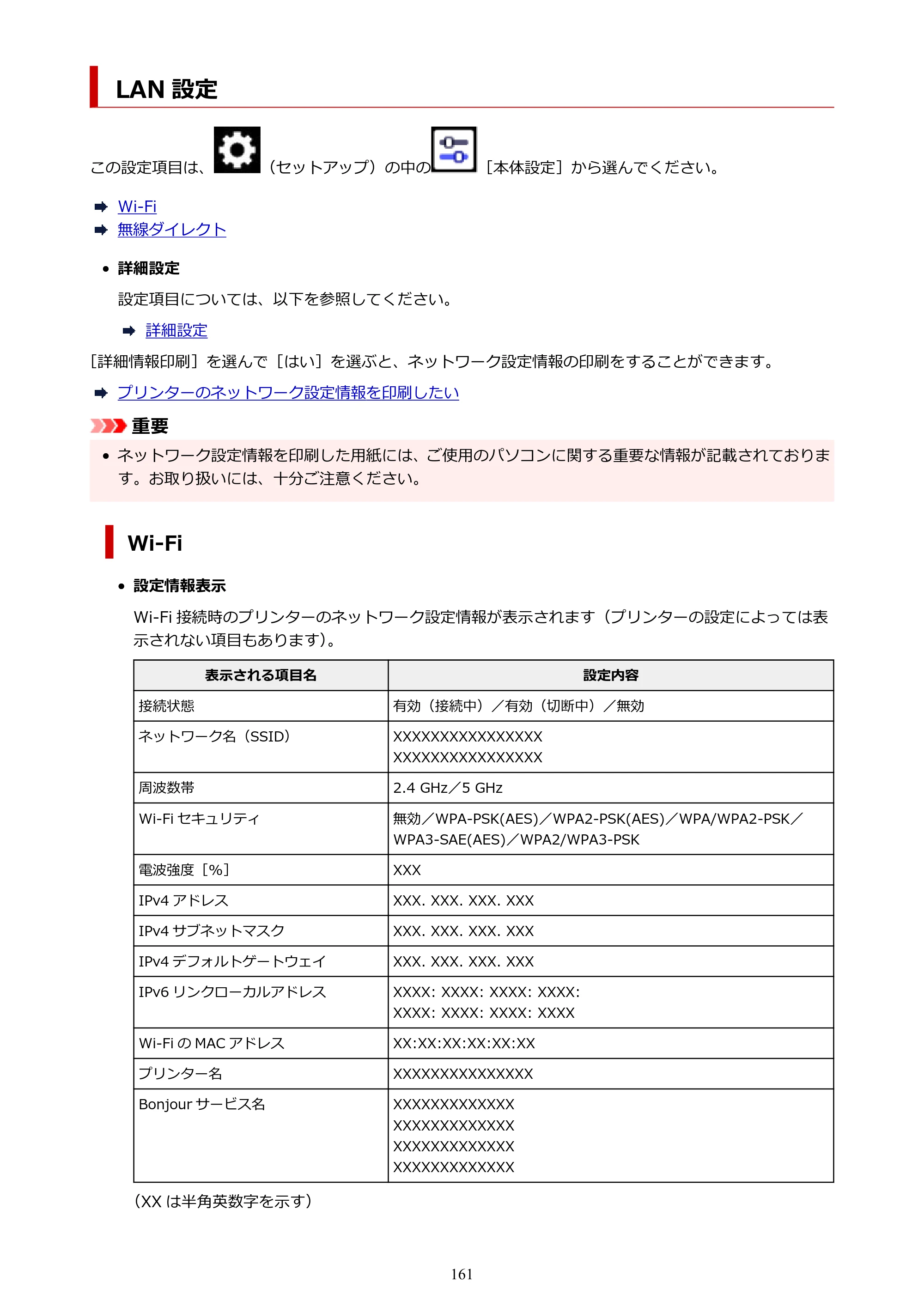 キヤノン PIXUS XK510 オンラインマニュアル PDF版 2025年10月22日掲載（PDF：5.9MB） — LAN 設定 — 原本ページ — 161ページ