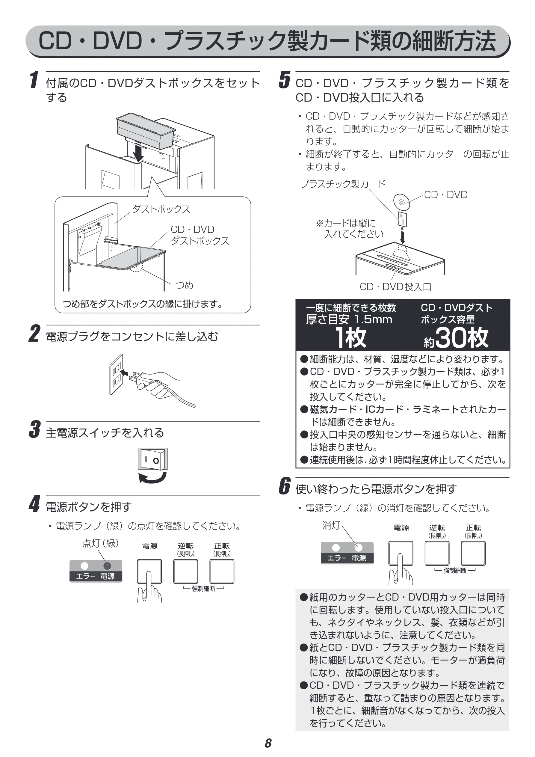 アイリスオーヤマ OF18J 取扱説明書 — CD・DVD・プラスチック製カード類の細断方法 — 図版 8-1 — 8ページ