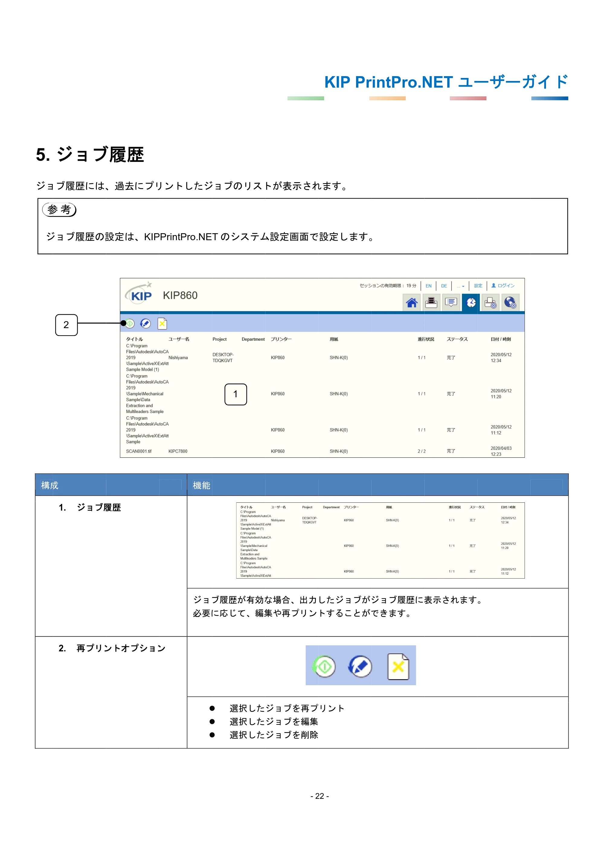 京セラ KIP 7170G KIP PrintPro.Net ユーザーガイド — 5. ジョブ履歴 — 原本ページ — 26ページ