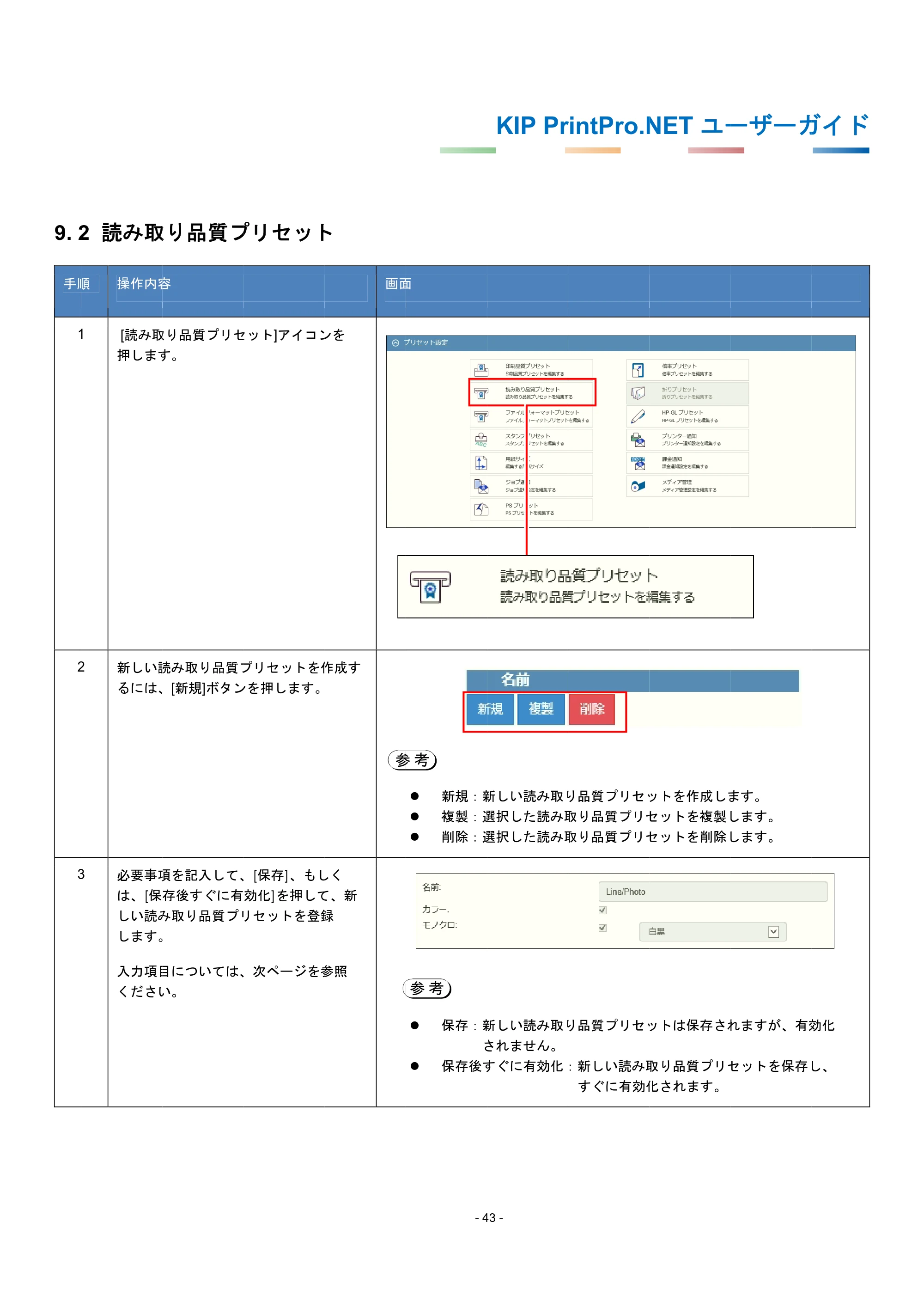 京セラ KIP 7170G KIP PrintPro.Net ユーザーガイド — 9.2 読み取り品質プリセット — 原本ページ — 47ページ