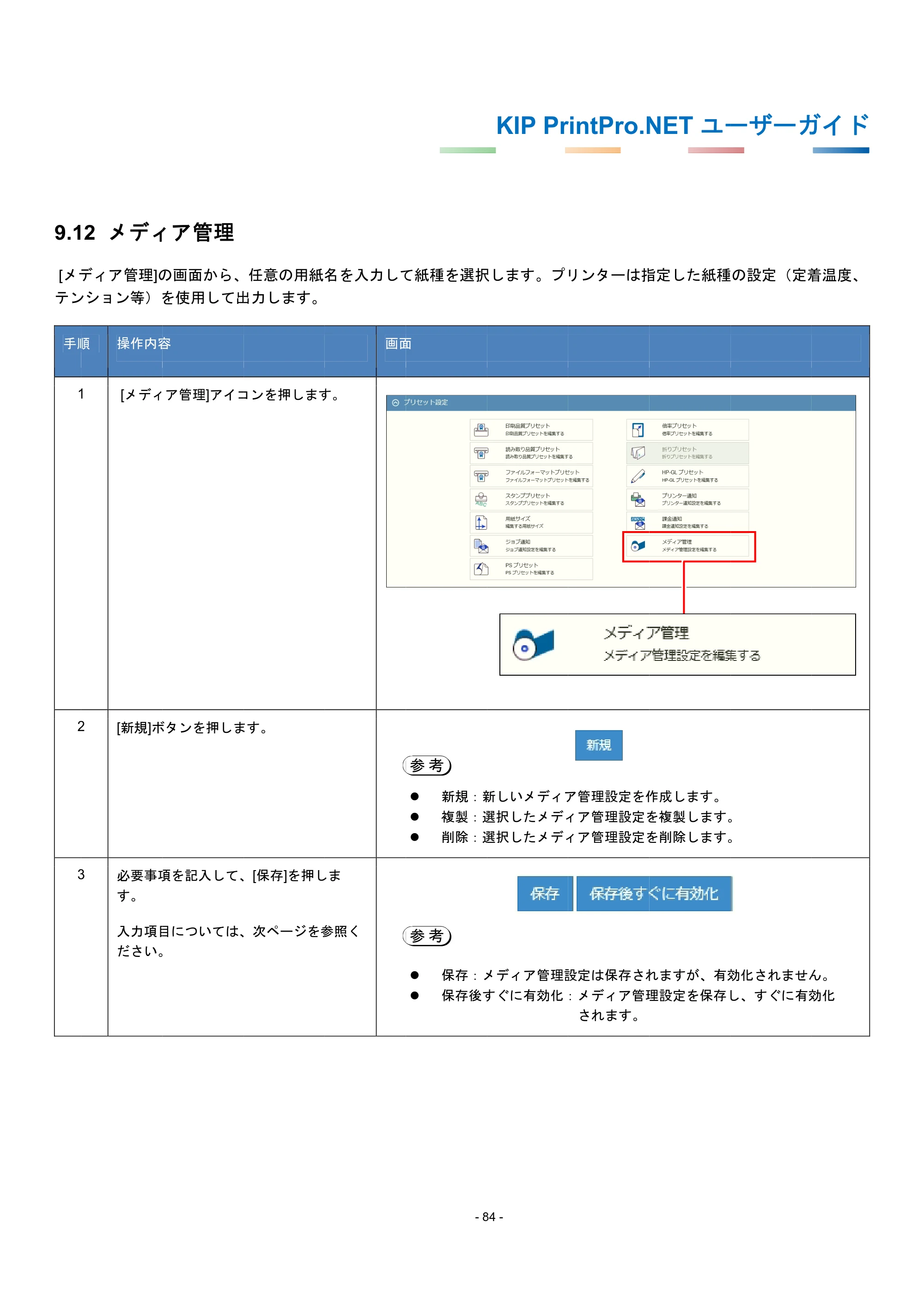 京セラ KIP 7170G KIP PrintPro.Net ユーザーガイド — 9.12 メディア管理 — 原本ページ — 88ページ