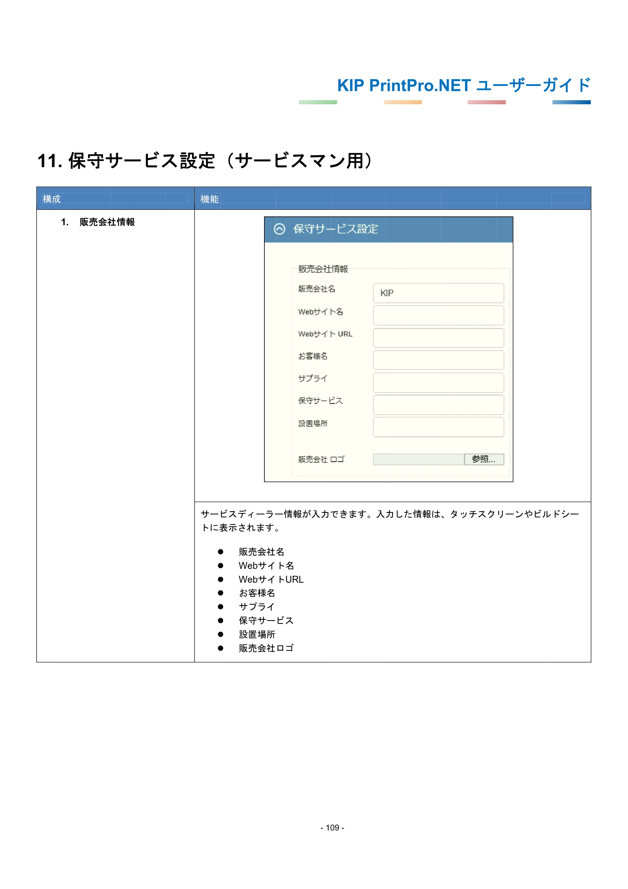 京セラ KIP 7170G KIP PrintPro.Net ユーザーガイド — 11. 保守サービス設定（サービスマン用） — 原本ページ — 113ページ