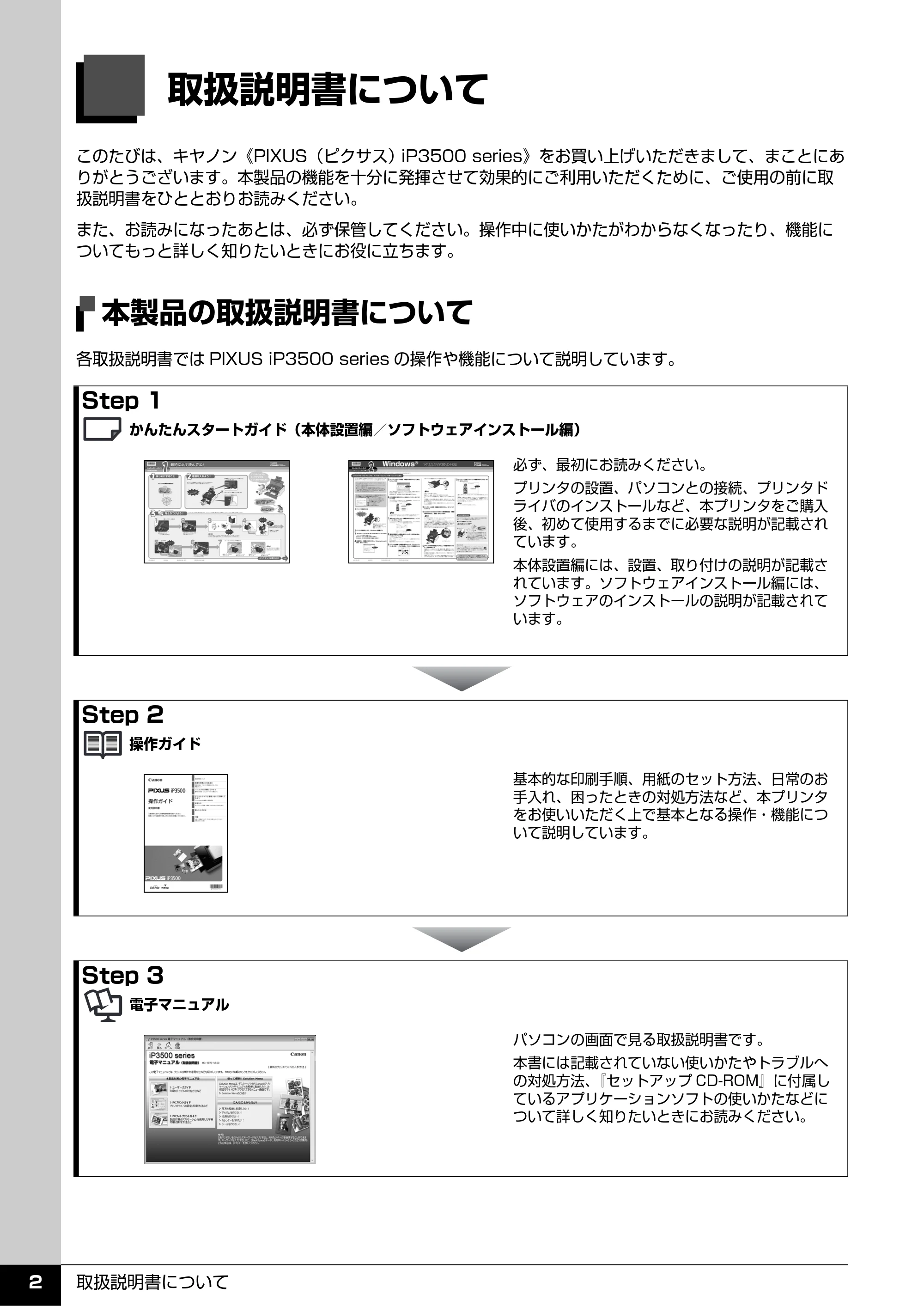 キヤノン PIXUS iP3500 操作ガイド (PDF形式/9.01Mバイト) — 取扱説明書について — 原本ページ — 3ページ