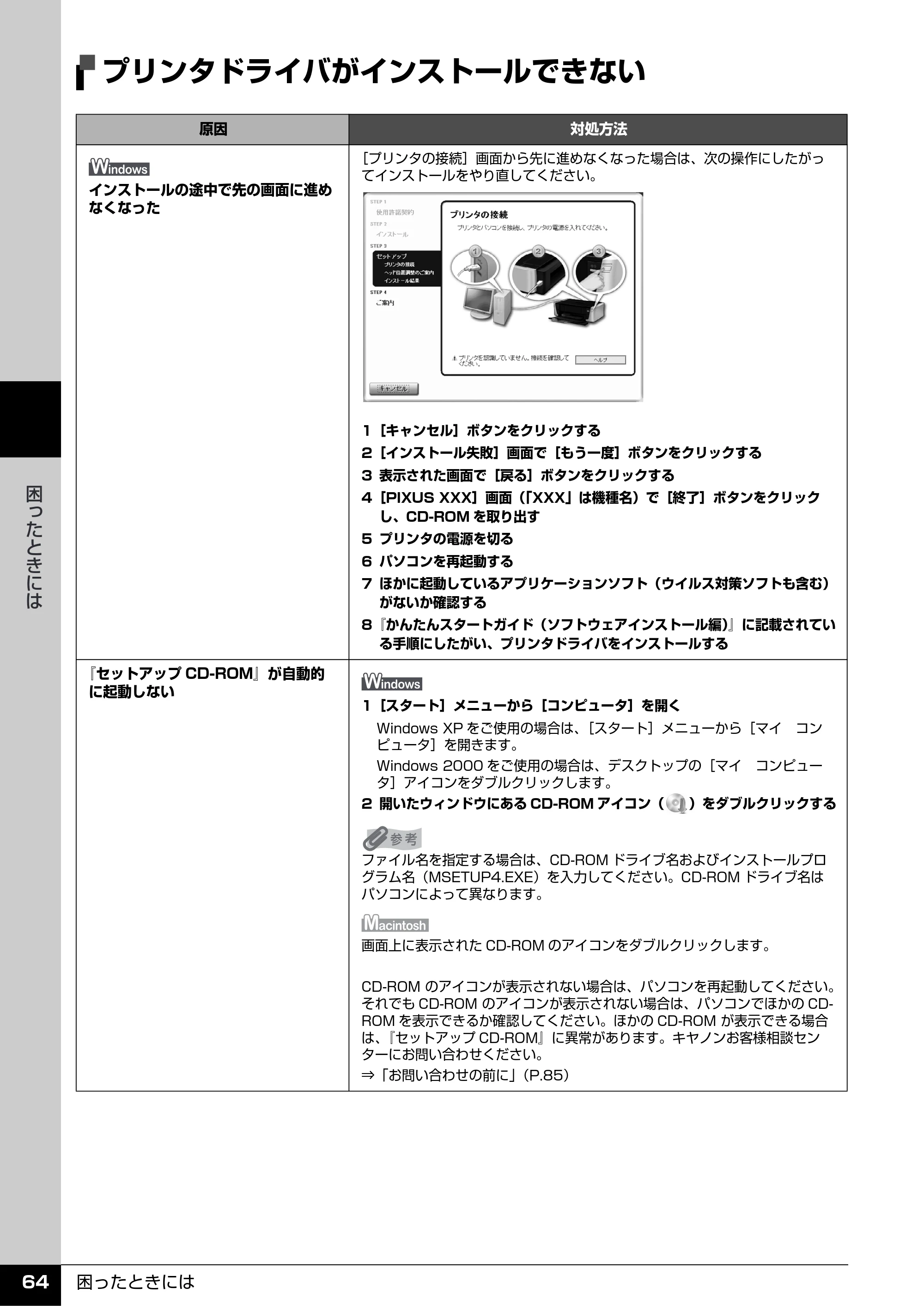 キヤノン PIXUS iP3500 操作ガイド （PDF形式／9.01Mバイト） — プリンタドライバがインストールできない — 原本ページ — 65ページ
