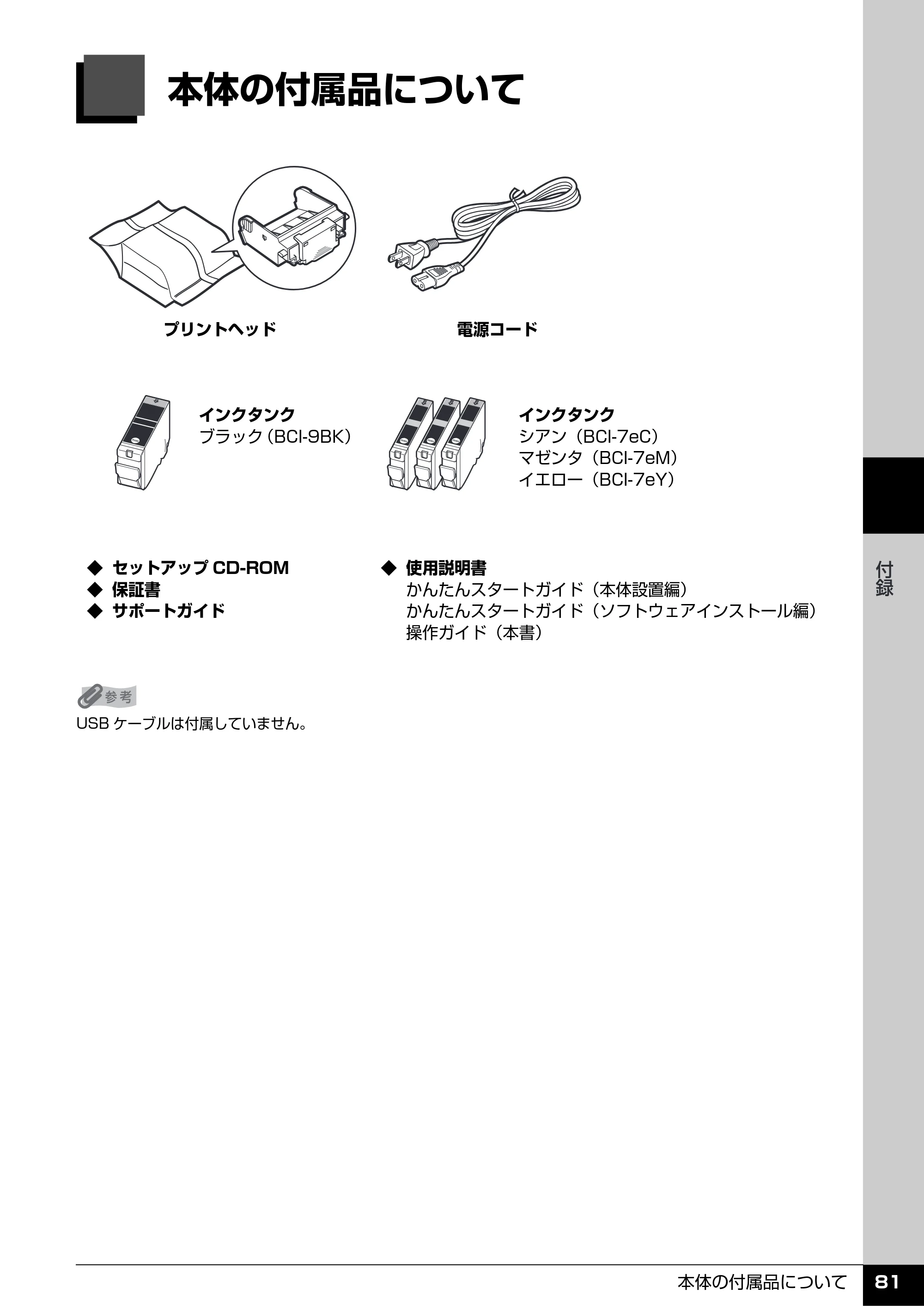 キヤノン PIXUS iP3500 操作ガイド （PDF形式／9.01Mバイト） — 本体の付属品について — 原本ページ — 82ページ