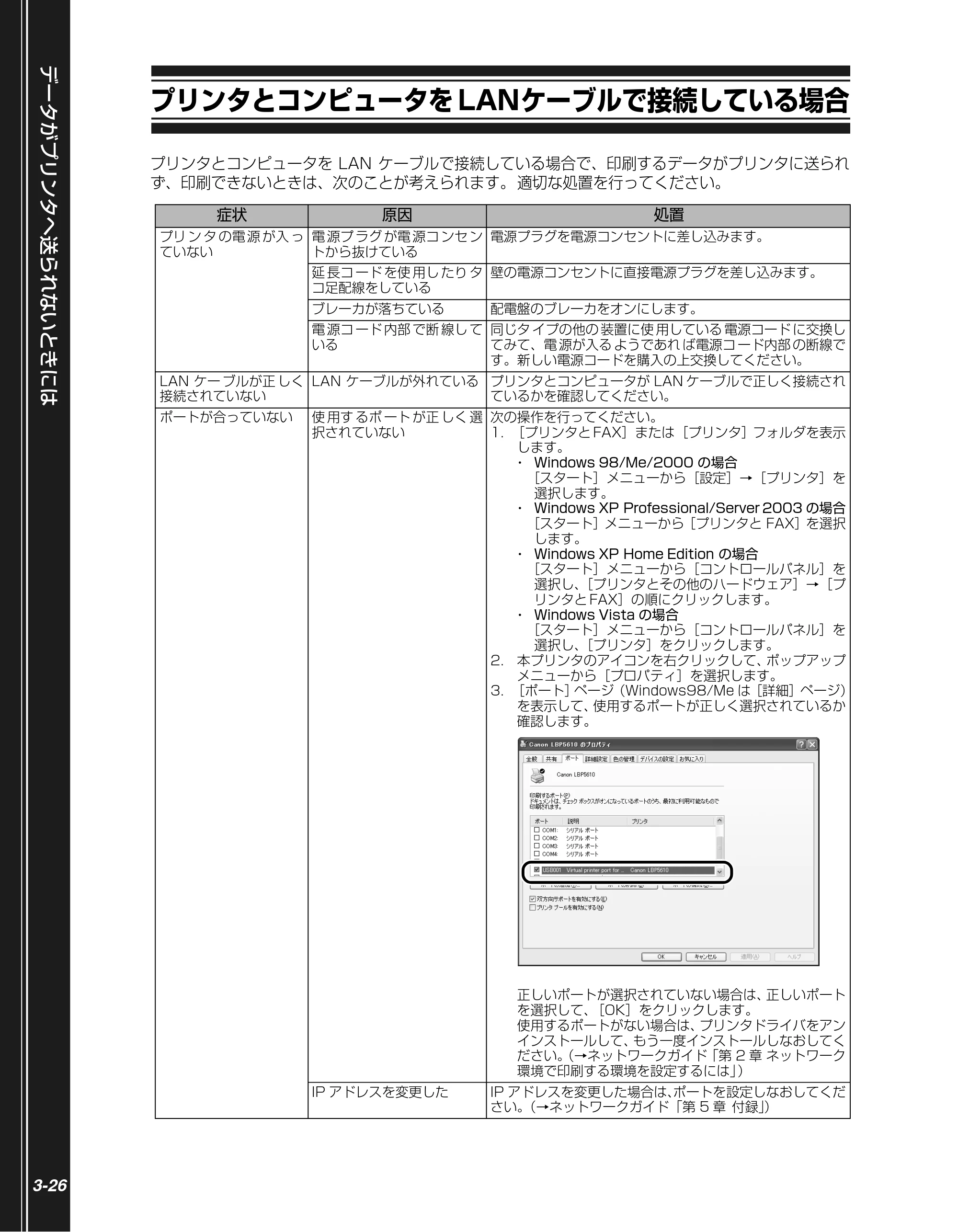 キヤノン LBP5610 かんたん操作ガイド 2007年12月12日掲載 （PDF形式／5.84Mバイト） — プリンタとコンピュータをLANケーブルで接続している場合 — 原本ページ — 102ページ
