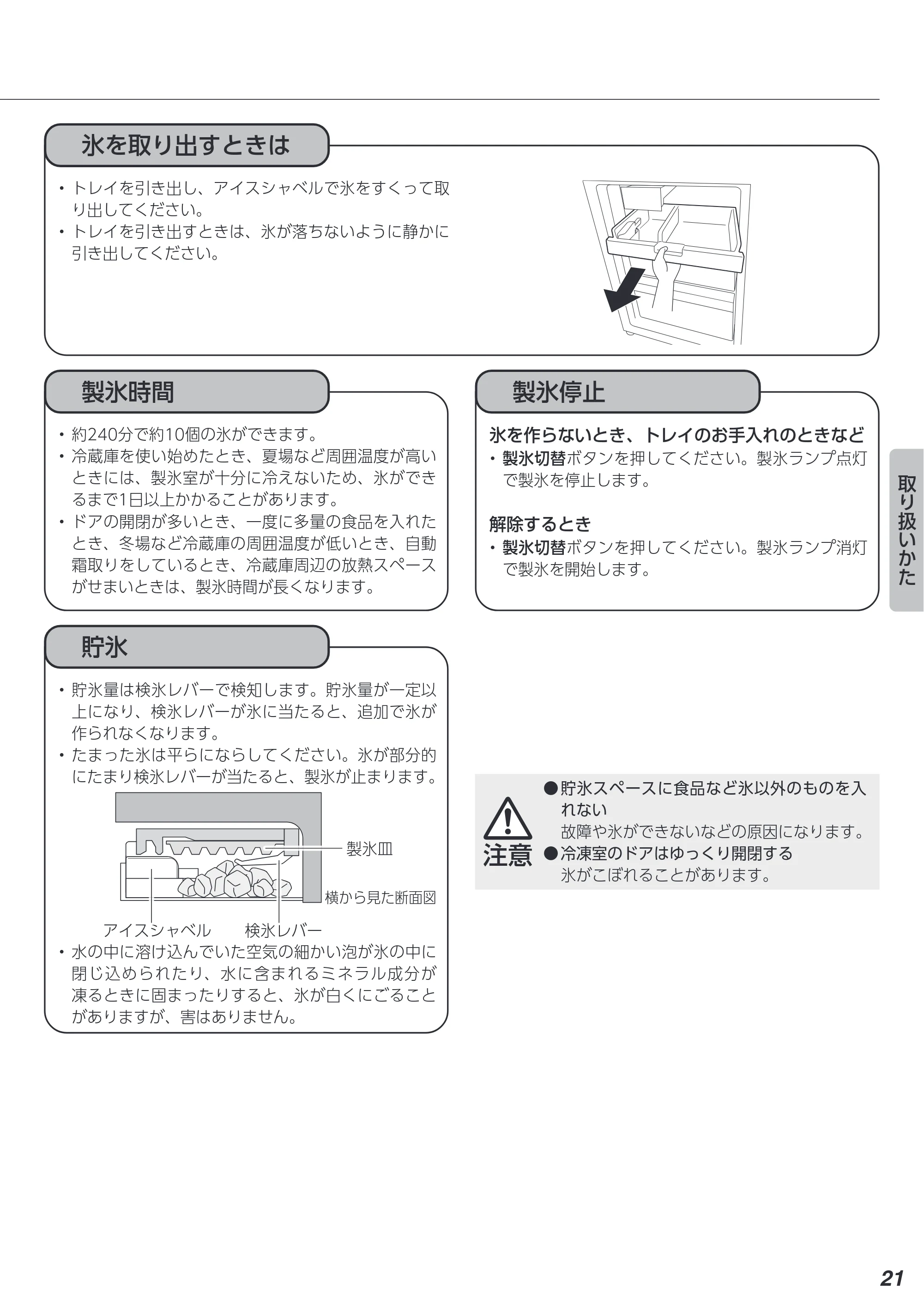 アイリスオーヤマ IRSN-IC30A 取扱説明書 — 氷を取り出すときは — 原本ページ — 21ページ