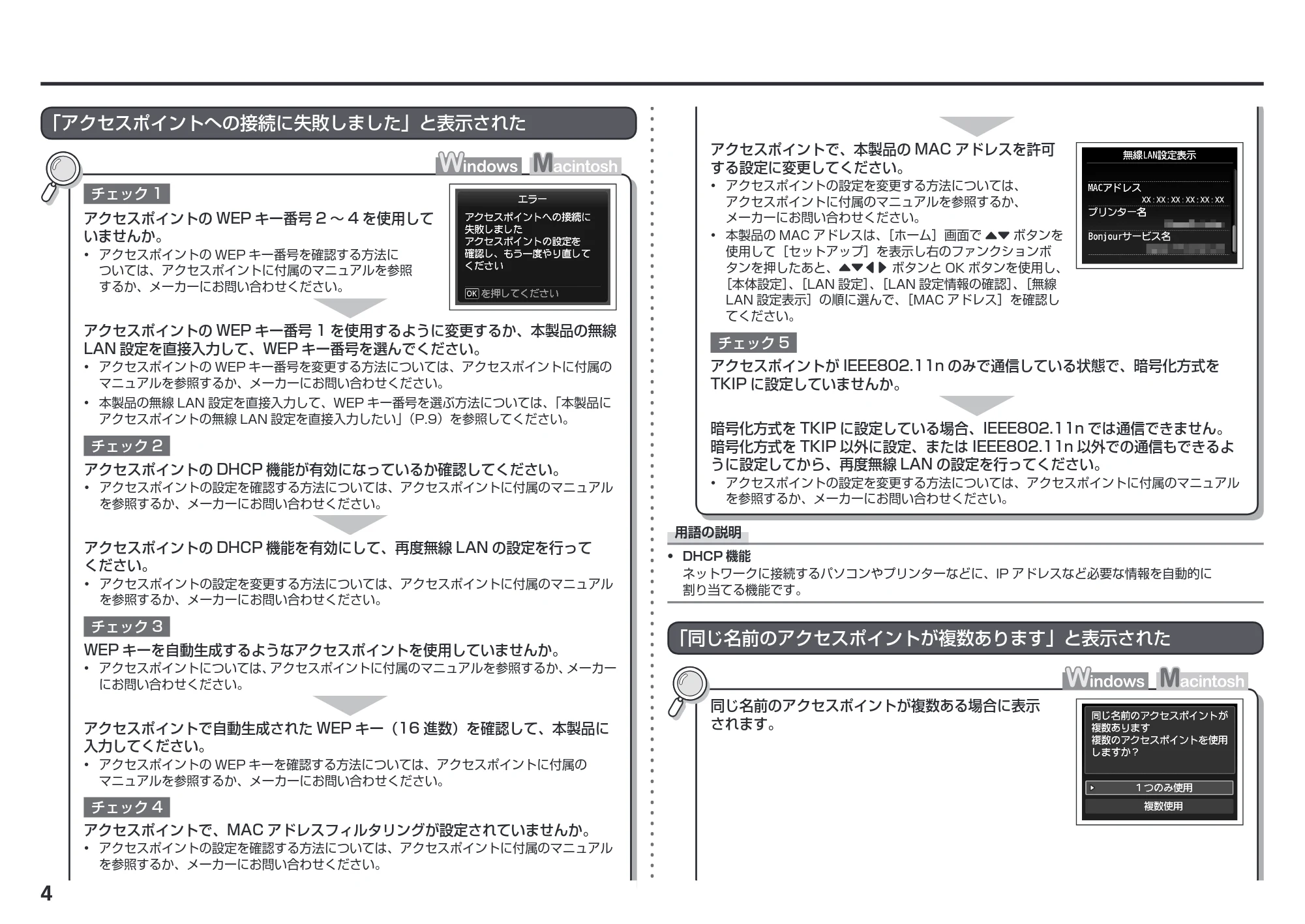 キヤノン PIXUS MG5230 ネットワーク設置で困ったときには (PDF形式/2.79Mバイト) — 「アクセスポイントへの接続に失敗しました」と表示された — 原本ページ — 6ページ