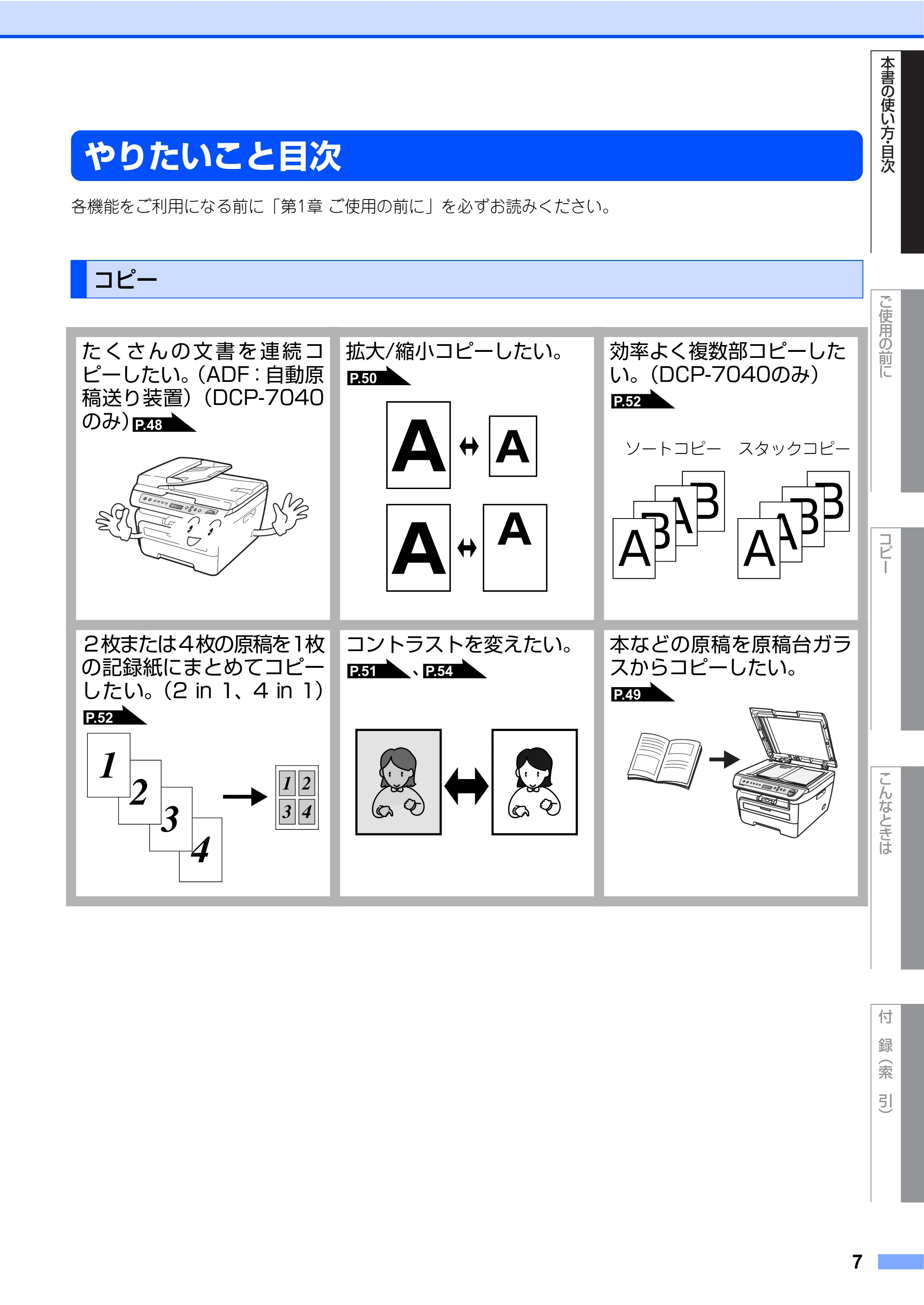 ブラザー DCP-7030 / DCP-7040 取扱説明書（本体） — やりたいこと目次 — 原本ページ — 7ページ
