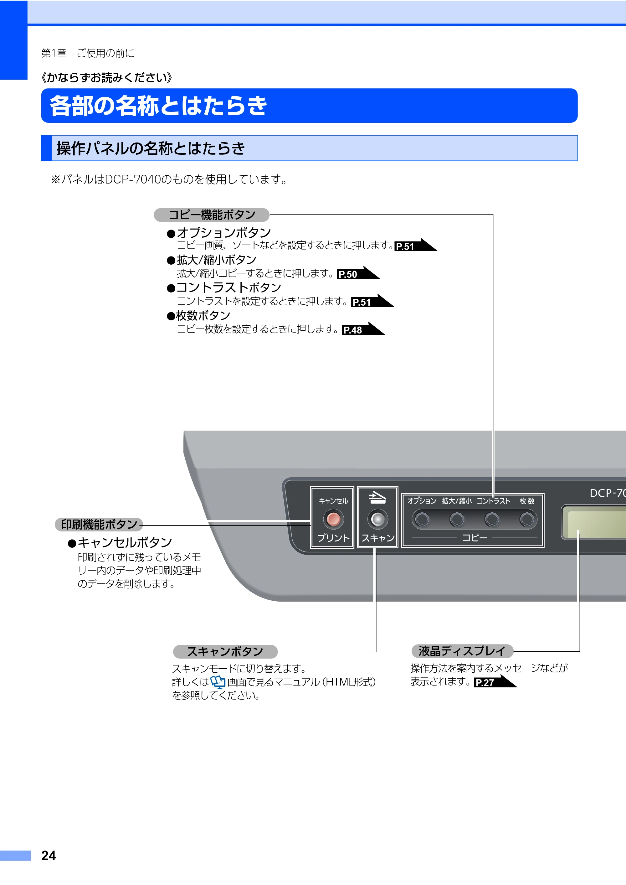 ブラザー DCP-7030 / DCP-7040 取扱説明書（本体） — 《かならずお読みください》 — 原本ページ — 24ページ