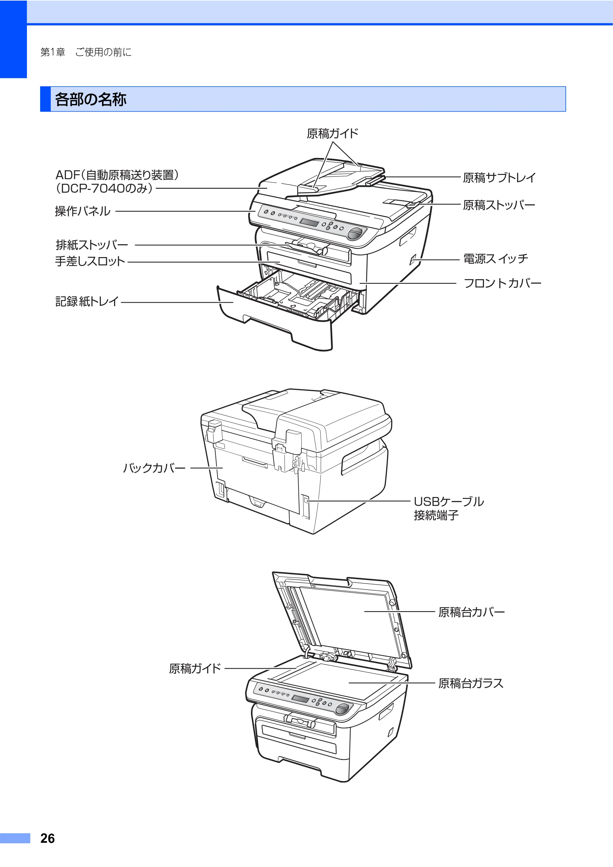 ブラザー DCP-7030 / DCP-7040 取扱説明書（本体） — 各部の名称 — 原本ページ — 26ページ