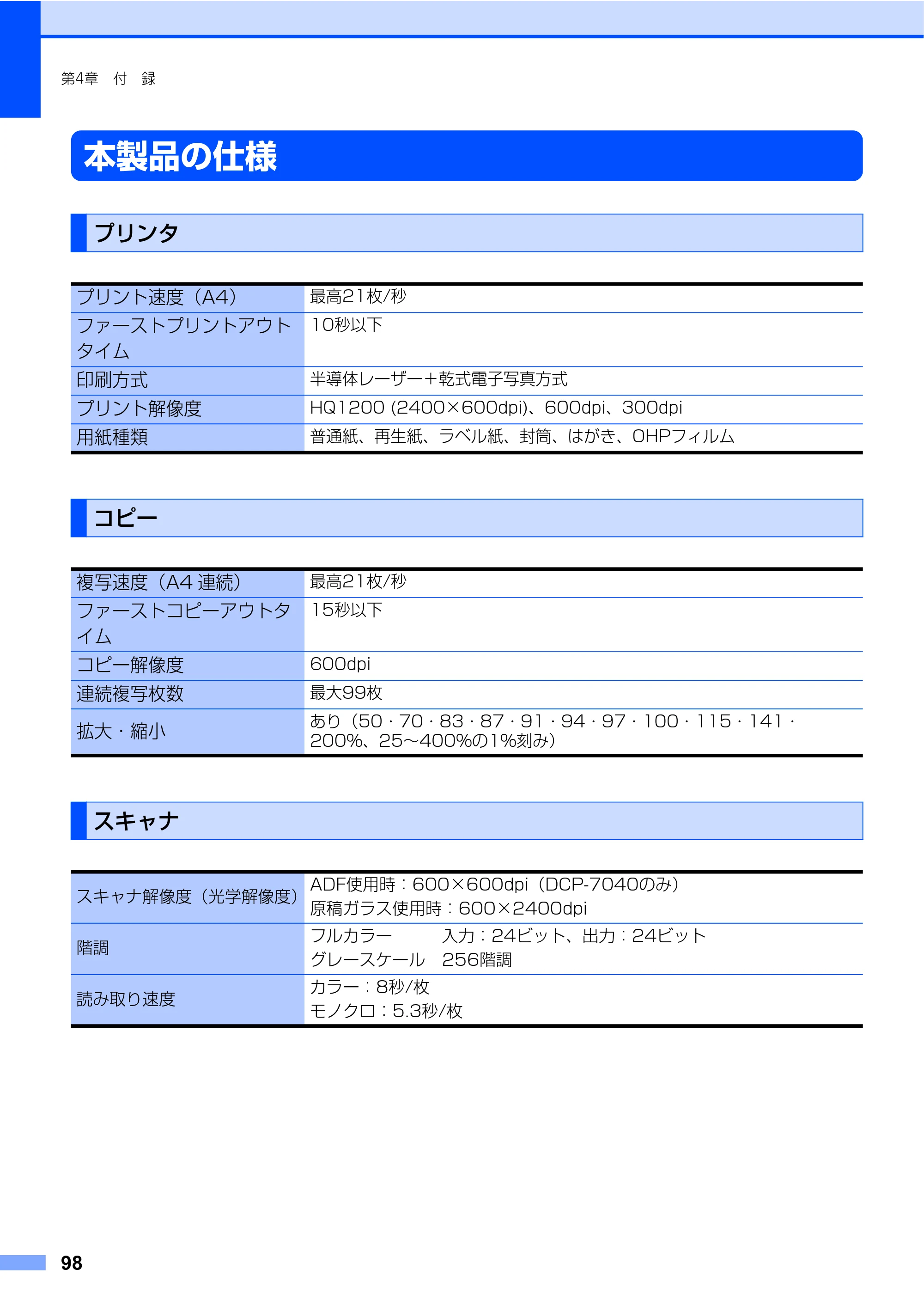 ブラザー DCP-7030 / DCP-7040 取扱説明書（本体） — 本製品の仕様 — 原本ページ — 98ページ