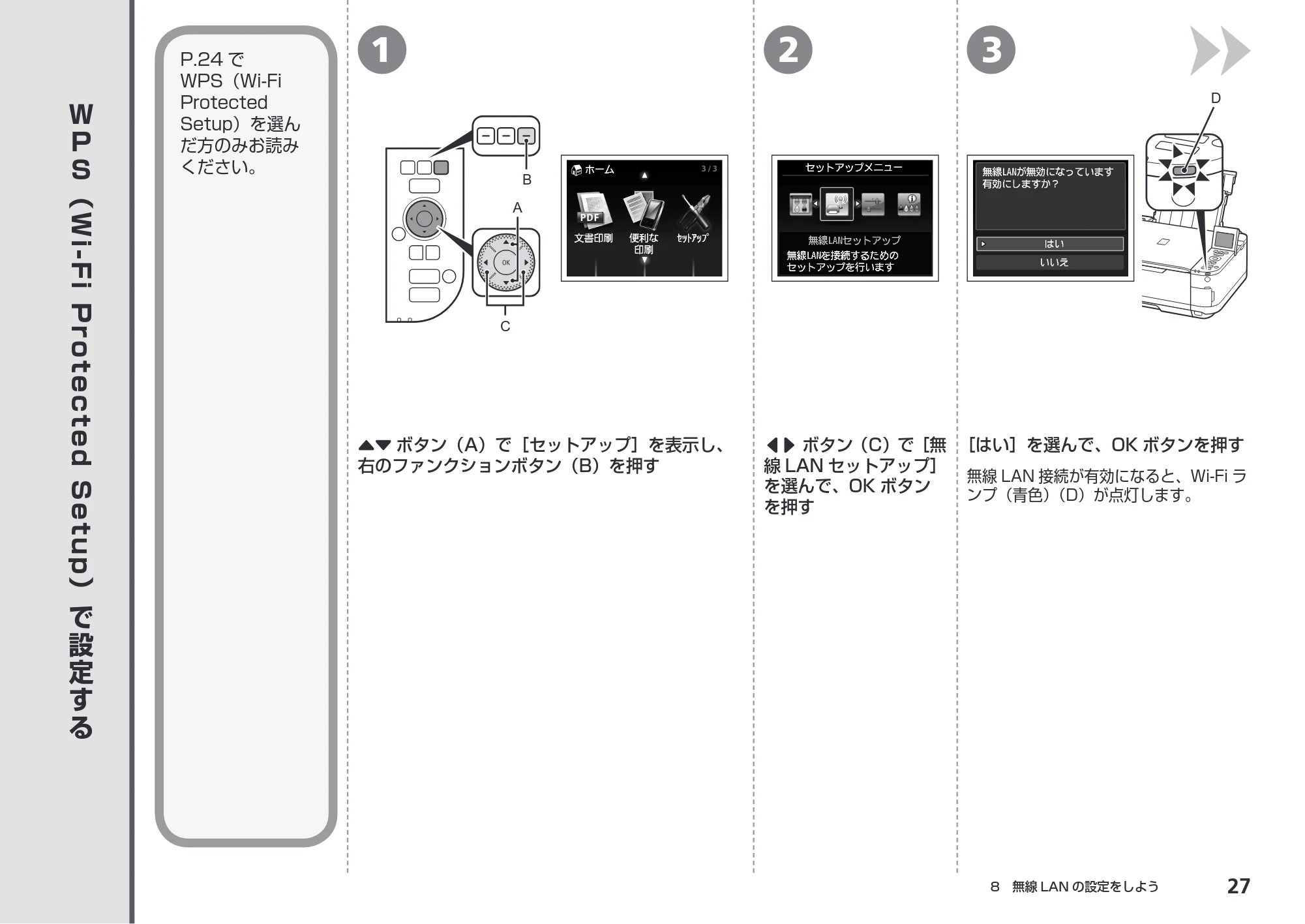 キヤノン PIXUS MG5230 かんたんスタートガイド (PDF形式/6.82Mバイト) — WPS(Wi-Fi Protected Setup)で設定する — 原本ページ — 29ページ
