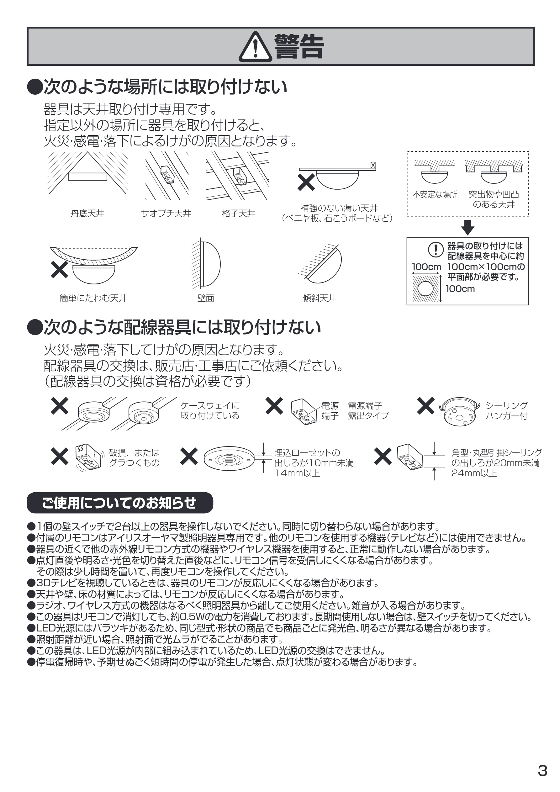 アイリスオーヤマ CL6D-4 取扱説明書 — ⨋次のような場所には取り付けない — 図版 3-1 — 3ページ