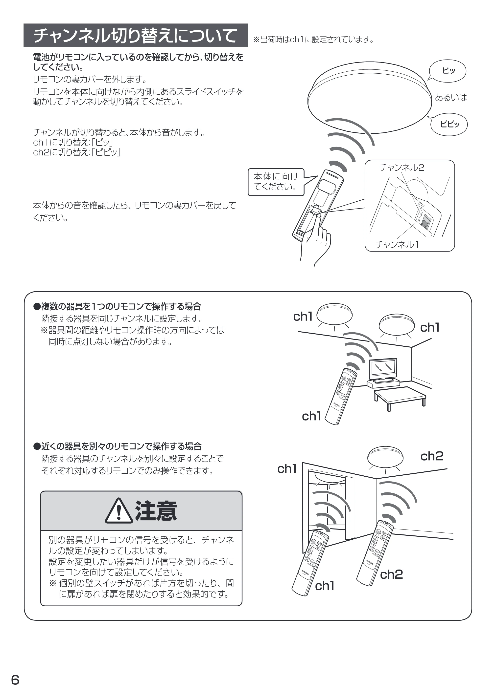 アイリスオーヤマ CL6D-4 取扱説明書 — チャンネル切り替えについて ※出荷時はch1に設定されています。 — 原本ページ — 6ページ