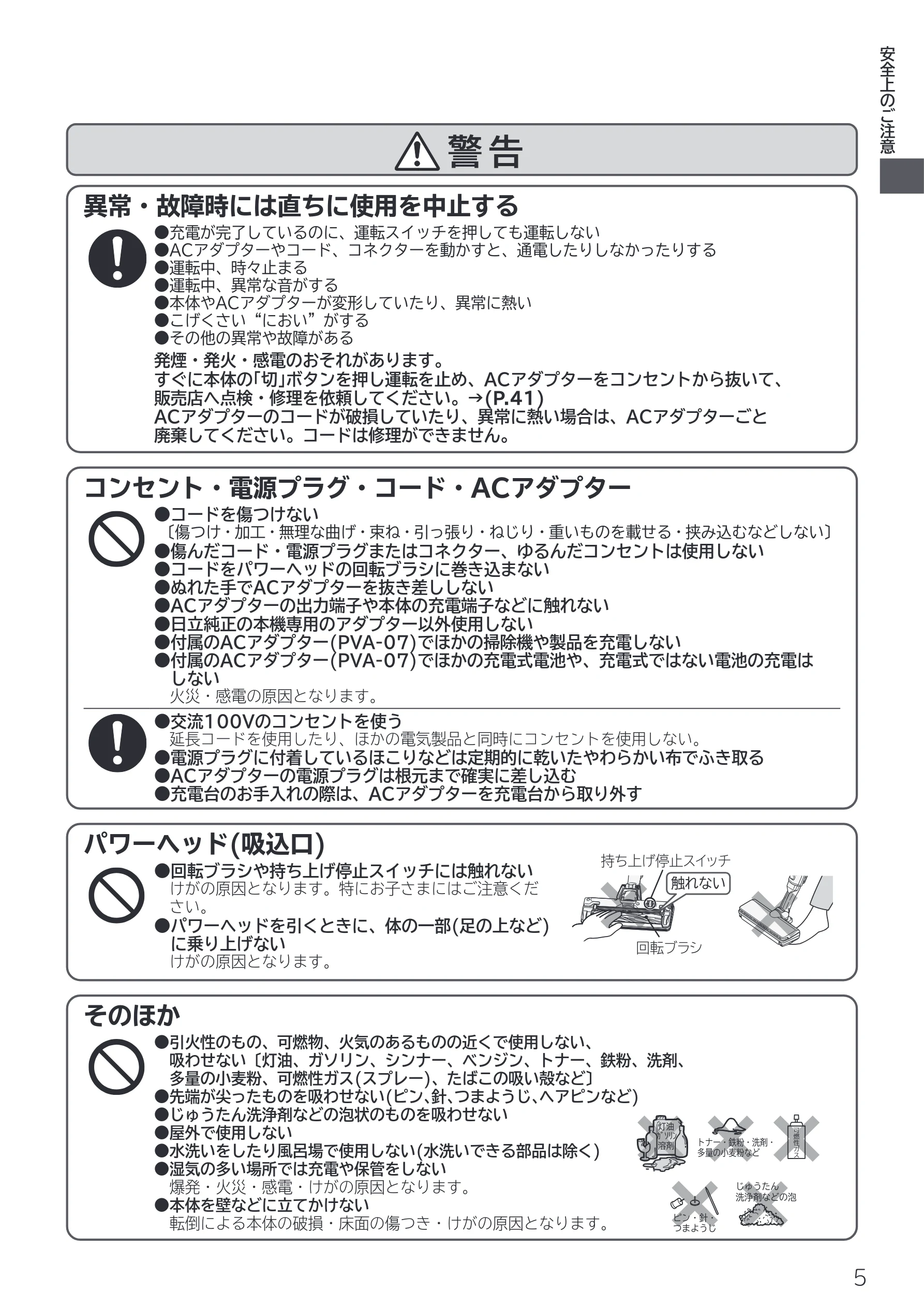 日立 PV-BL50P 取扱説明書 — 異常・故障時には直ちに使用を中止する — 図版 5-1 — 5ページ