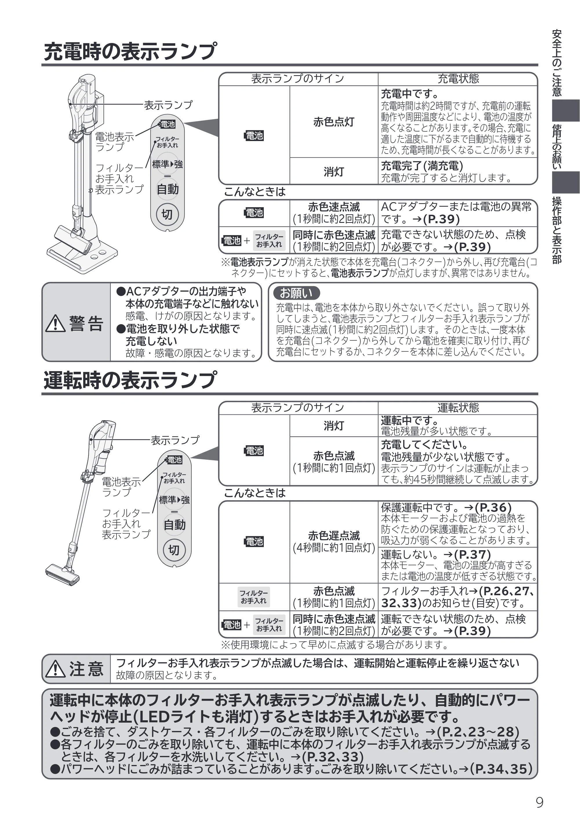 日立 PV-BL50P 取扱説明書 — 充電時の表示ランプ — 原本ページ — 9ページ